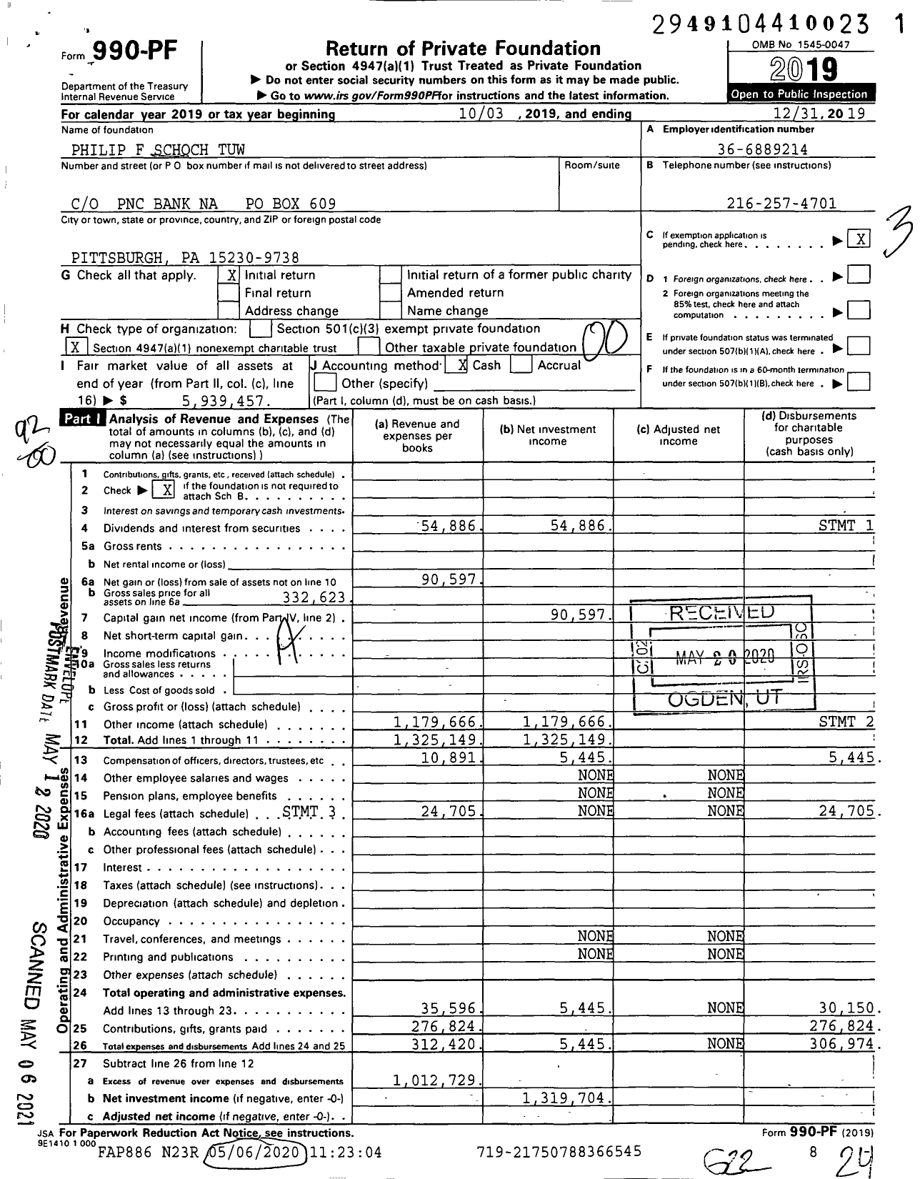 Image of first page of 2019 Form 990PF for Philip F Schoch Tuw