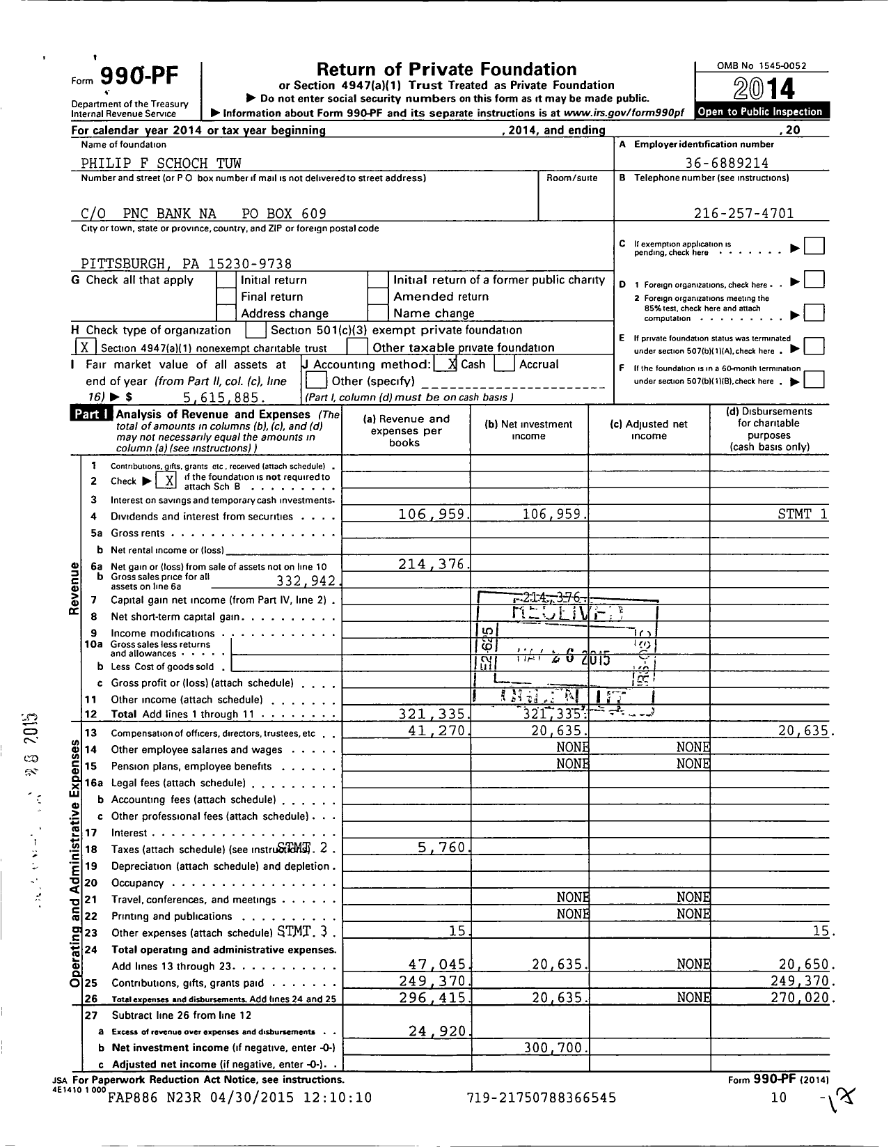 Image of first page of 2014 Form 990PF for Philip F Schoch Tuw