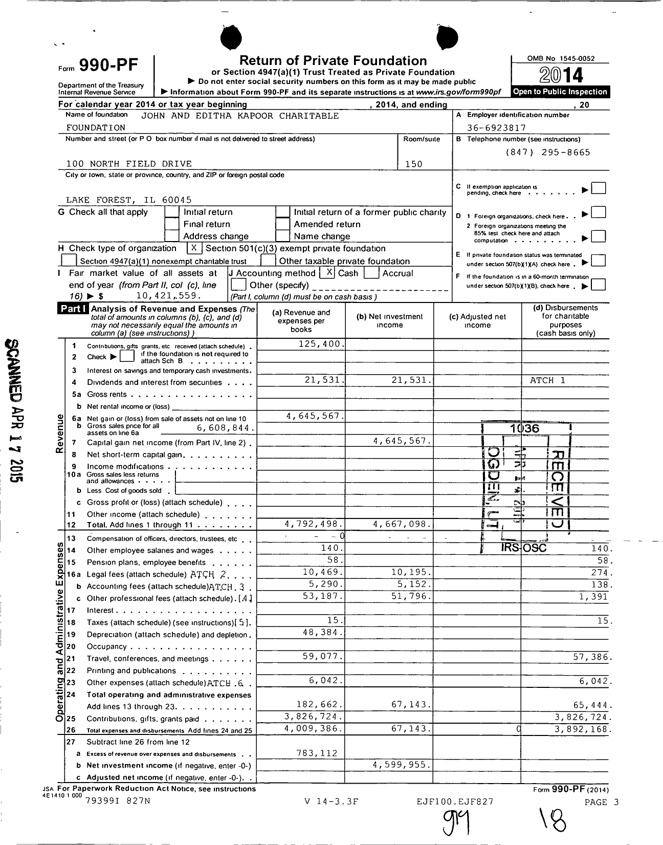 Image of first page of 2014 Form 990PF for John and Editha Kapoor Charitable Foundation