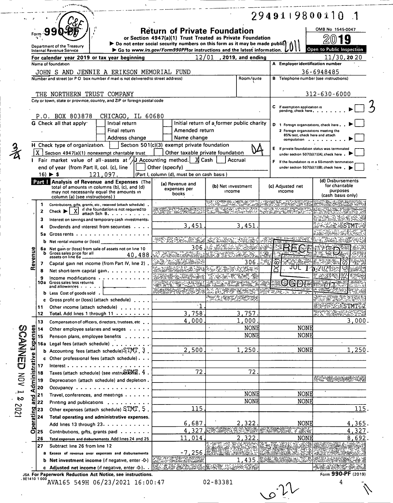 Image of first page of 2019 Form 990PF for John S and Jennie A Erikson Memorial Fund