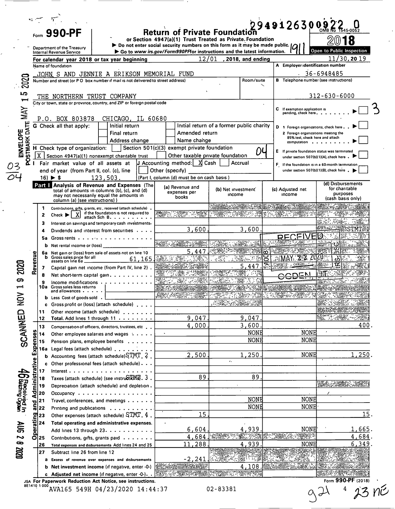 Image of first page of 2018 Form 990PF for John S and Jennie A Erikson Memorial Fund