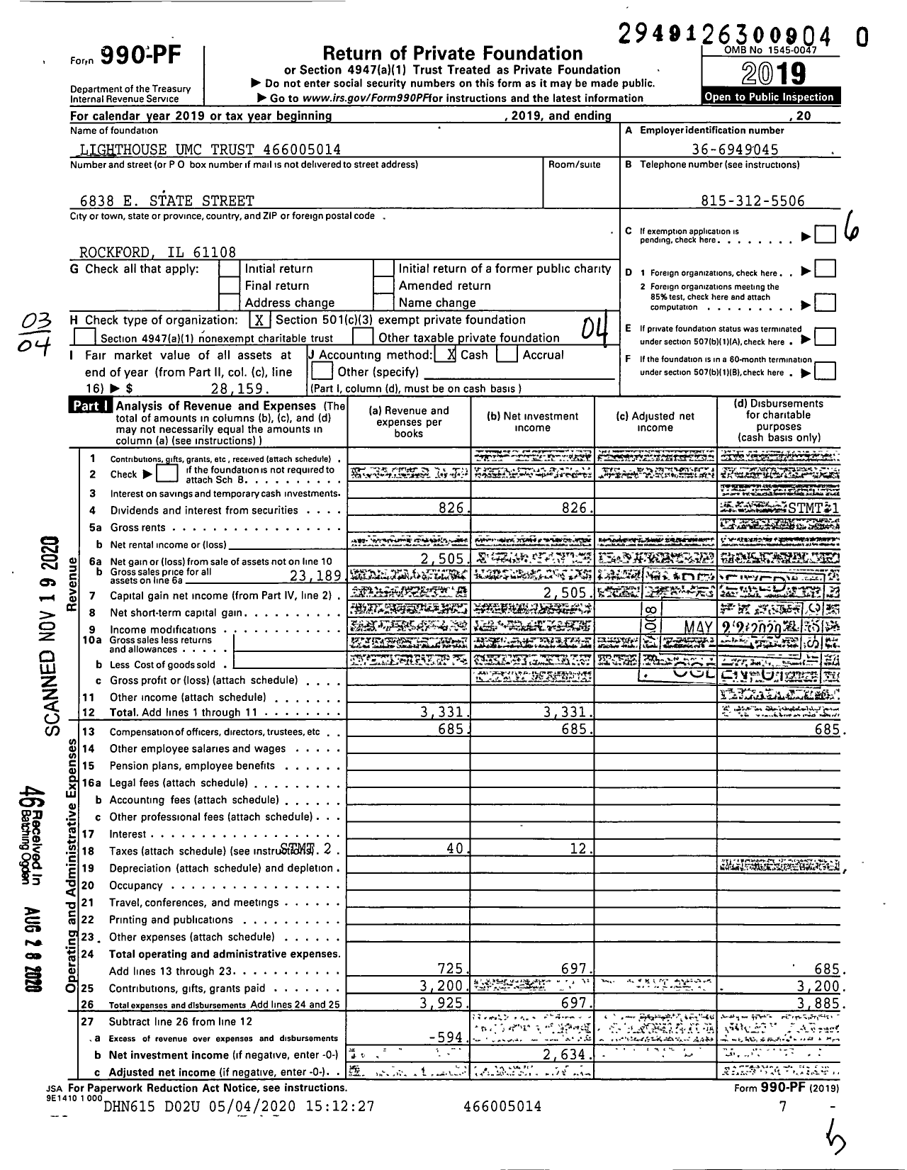 Image of first page of 2019 Form 990PF for Lighthouse Umc Trust