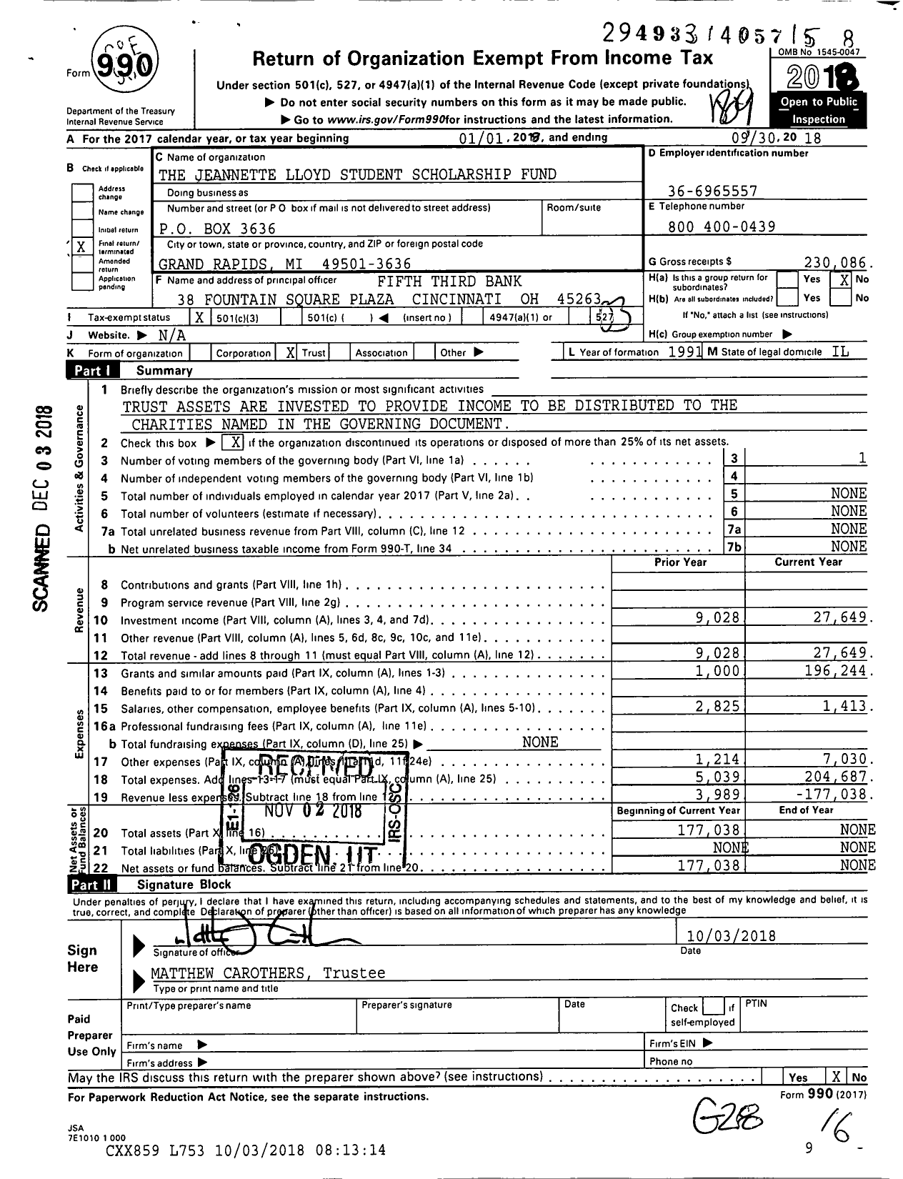 Image of first page of 2017 Form 990 for The Jeannette Lloyd Student Scholarship Fund