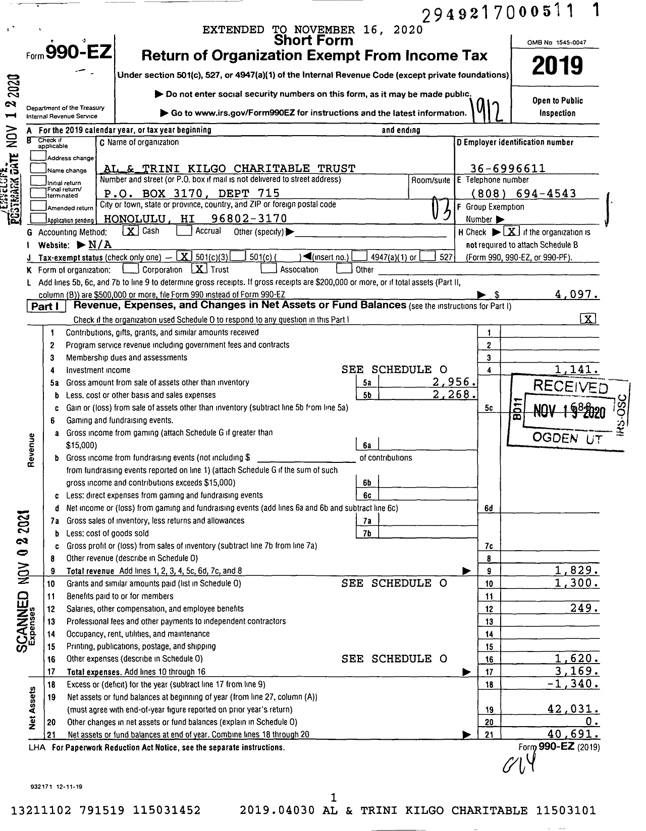 Image of first page of 2019 Form 990EZ for Al and Trini Kilgo Charitable Trust