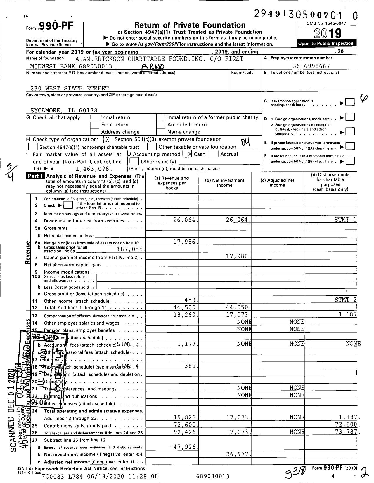 Image of first page of 2019 Form 990PF for A&m Erickson Charitable Foundation