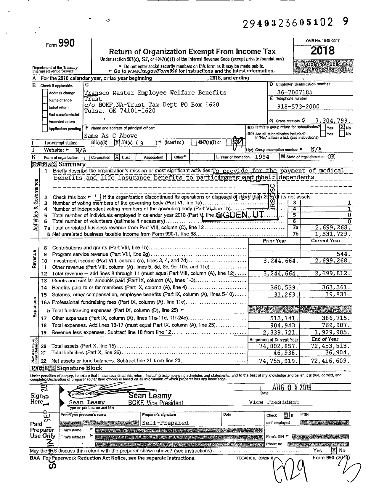 Image of first page of 2018 Form 990O for Transco Master Employee Welfare Benefits Trust