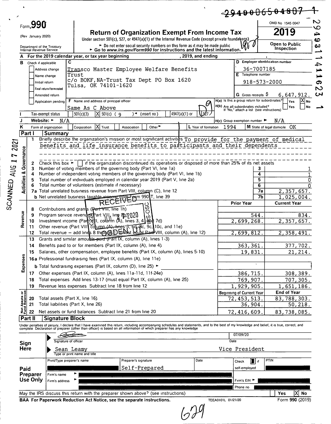 Image of first page of 2019 Form 990O for Transco Master Employee Welfare Benefits Trust