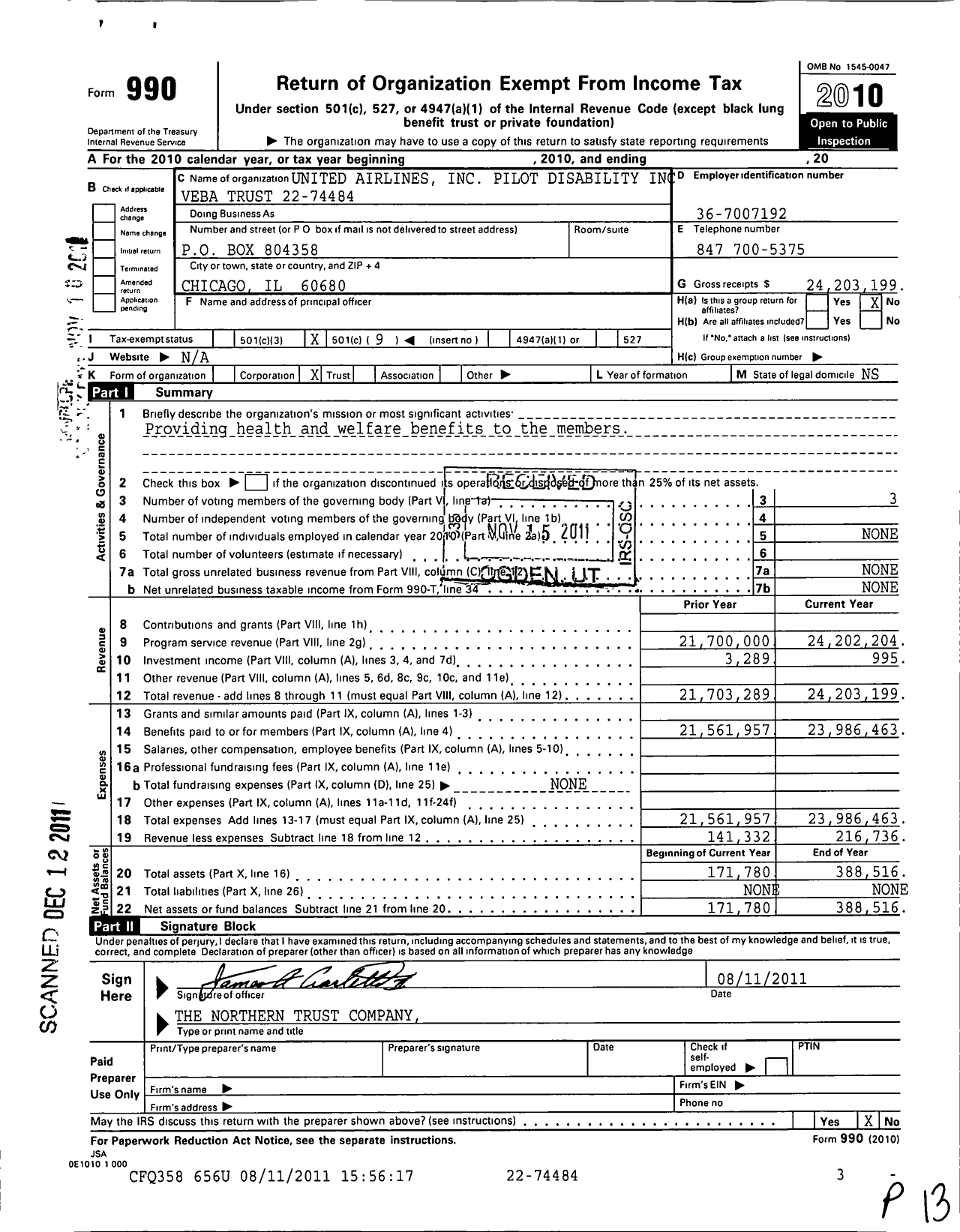 Image of first page of 2010 Form 990O for United Airlines Lines Pilot Disability Income Veba Trust