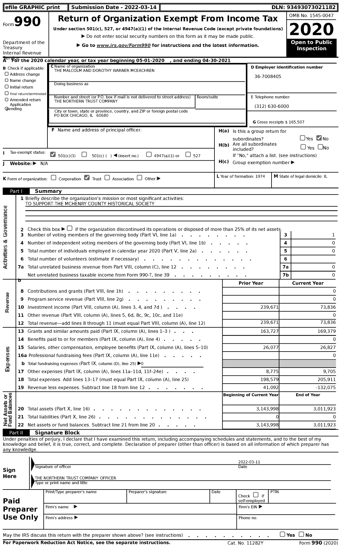 Image of first page of 2020 Form 990 for The Malcolm and Dorothy Warner Mceachren