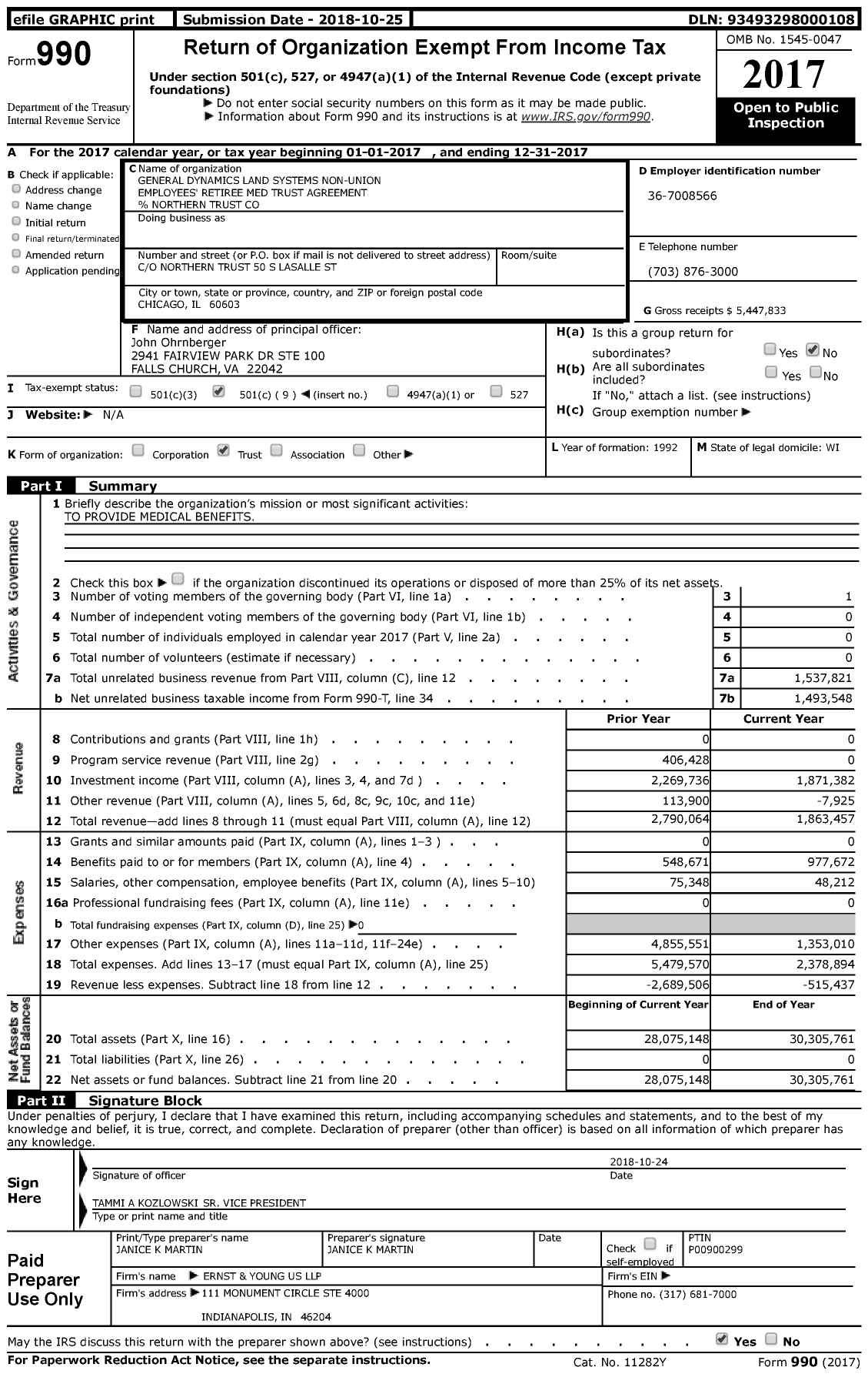 Image of first page of 2017 Form 990 for General Dynamics Land Systems Non-Union Employees' Retiree Benefits Trust Agreement