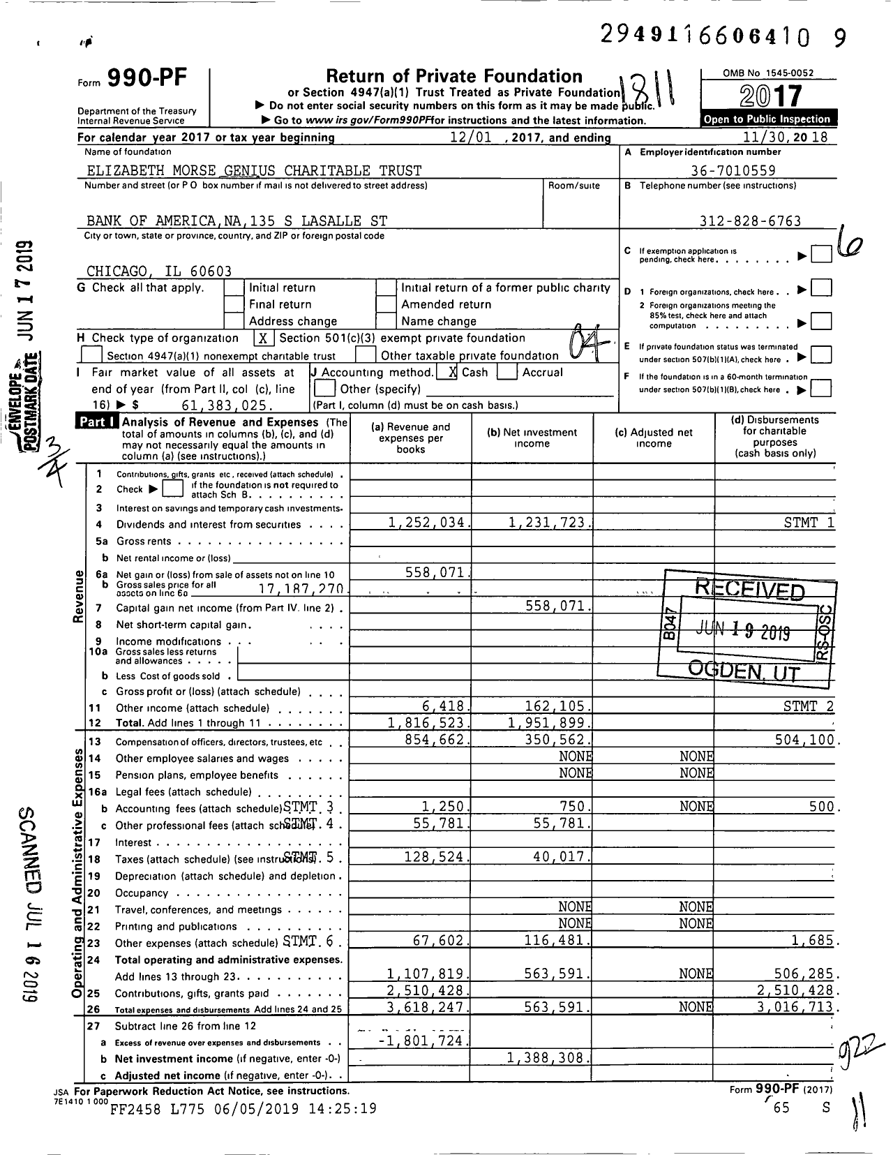 Image of first page of 2017 Form 990PF for Elizabeth Morse Genius Charitable Trust