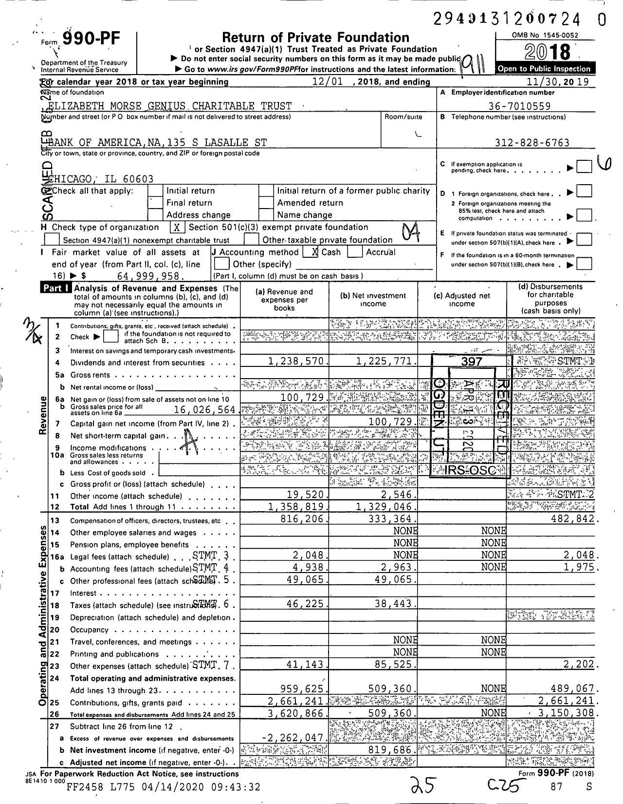 Image of first page of 2018 Form 990PF for Elizabeth Morse Genius Charitable Trust