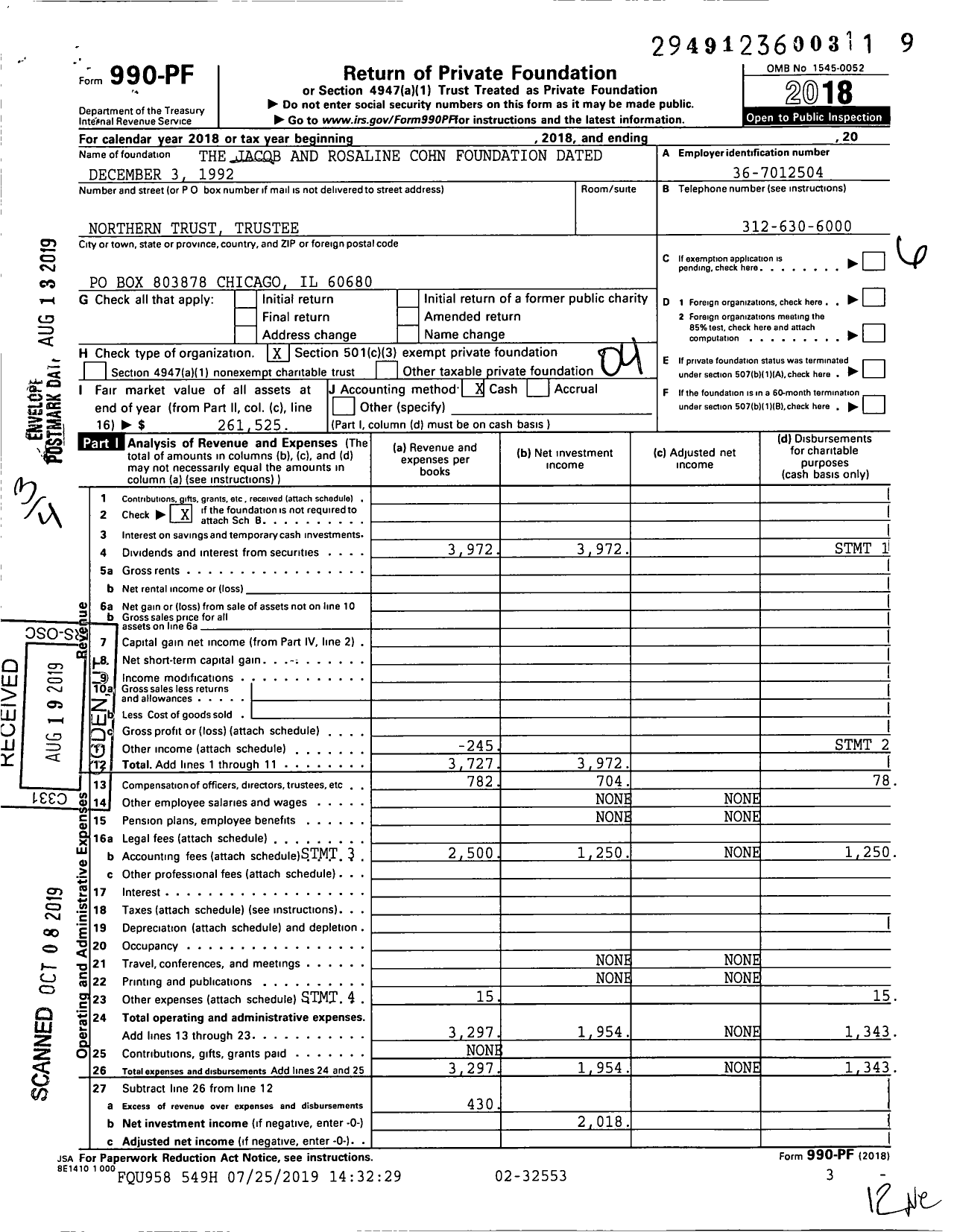 Image of first page of 2018 Form 990PF for The Jacob and Rosaline Cohn Foundation Dated