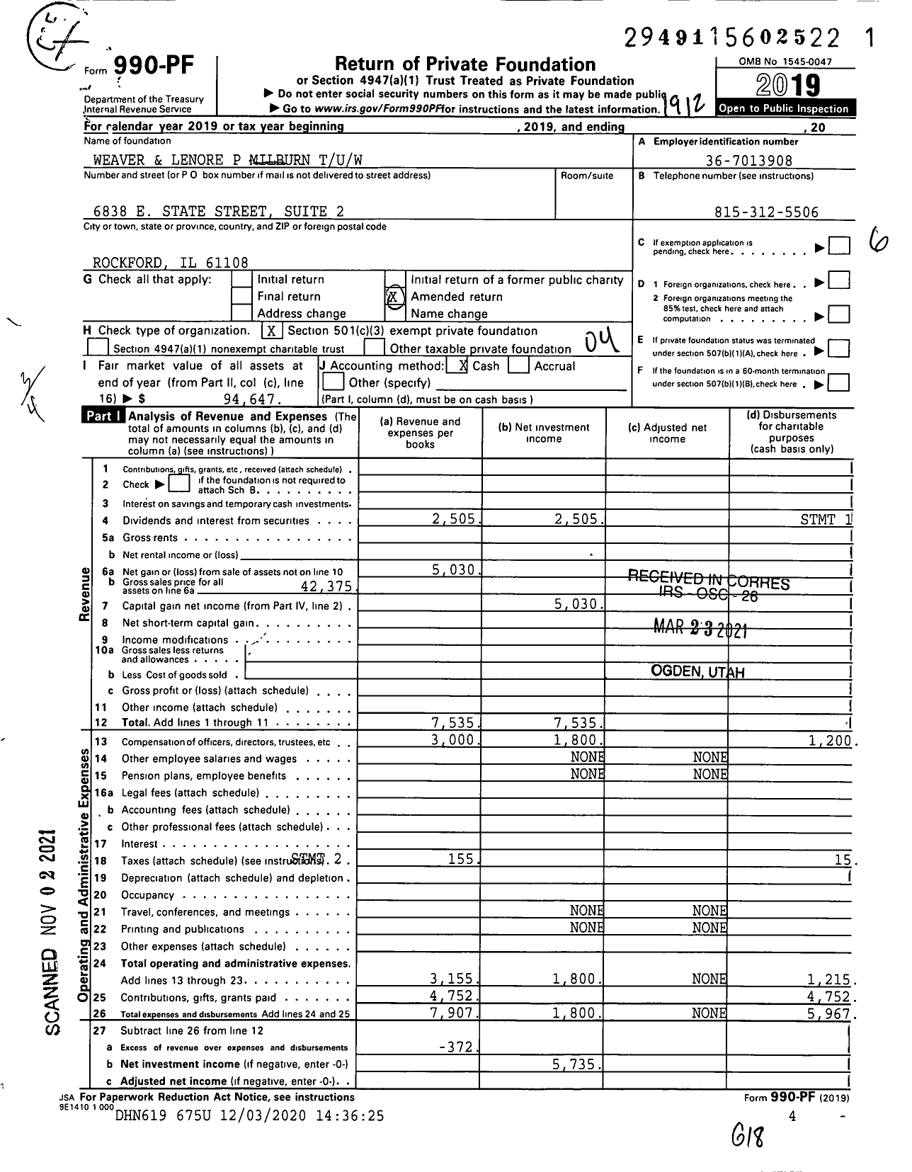 Image of first page of 2019 Form 990PF for Weaver and Lenore P Milburn Tuw