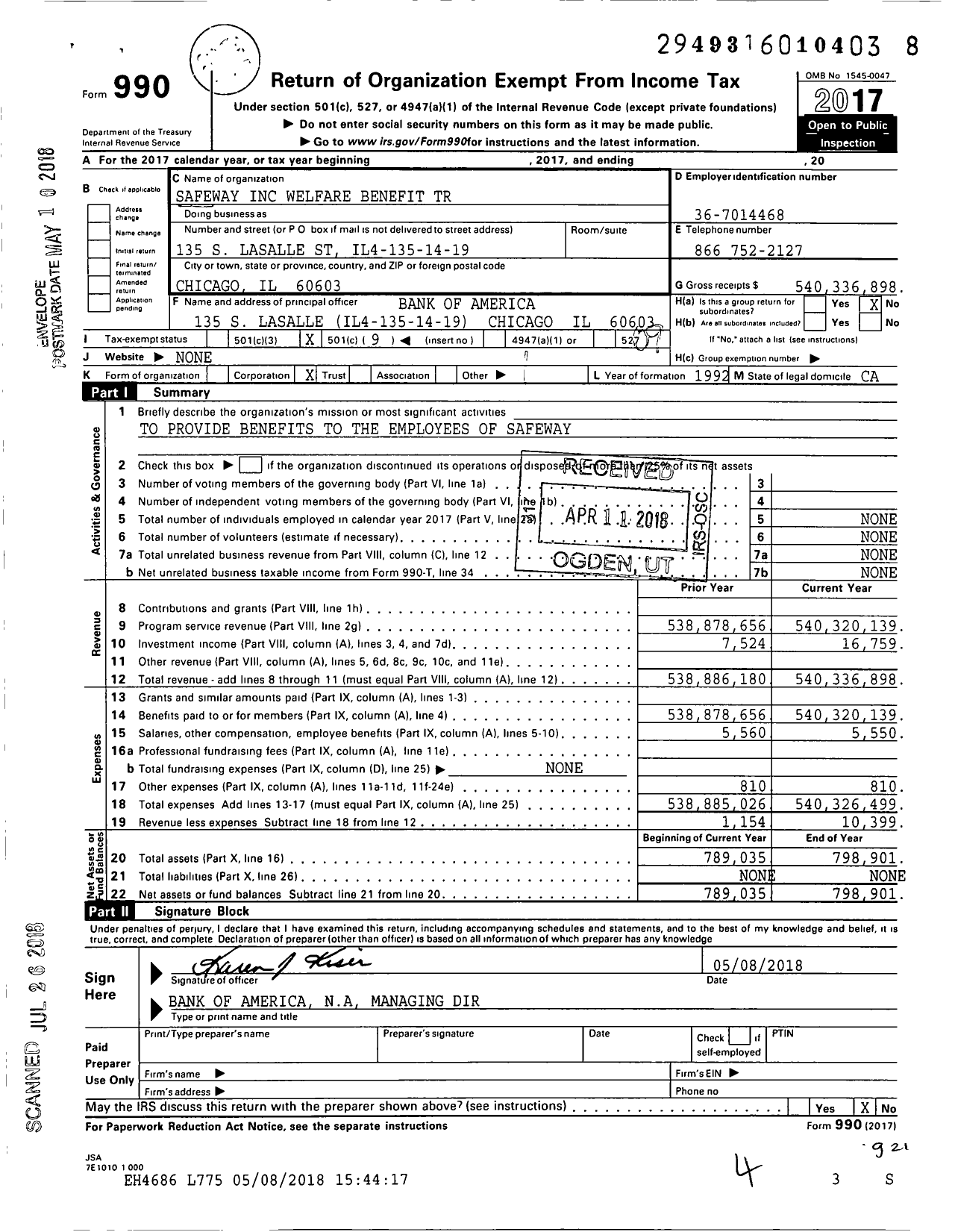 Image of first page of 2017 Form 990O for Safeway Welfare Benefit Trust