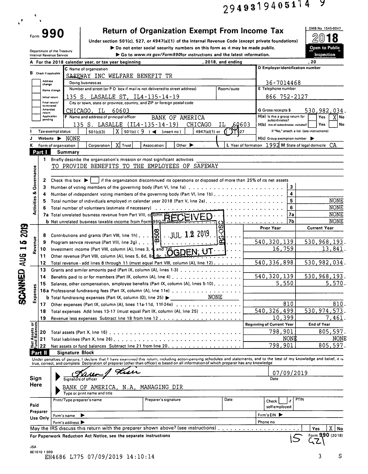 Image of first page of 2018 Form 990O for Safeway Welfare Benefit Trust