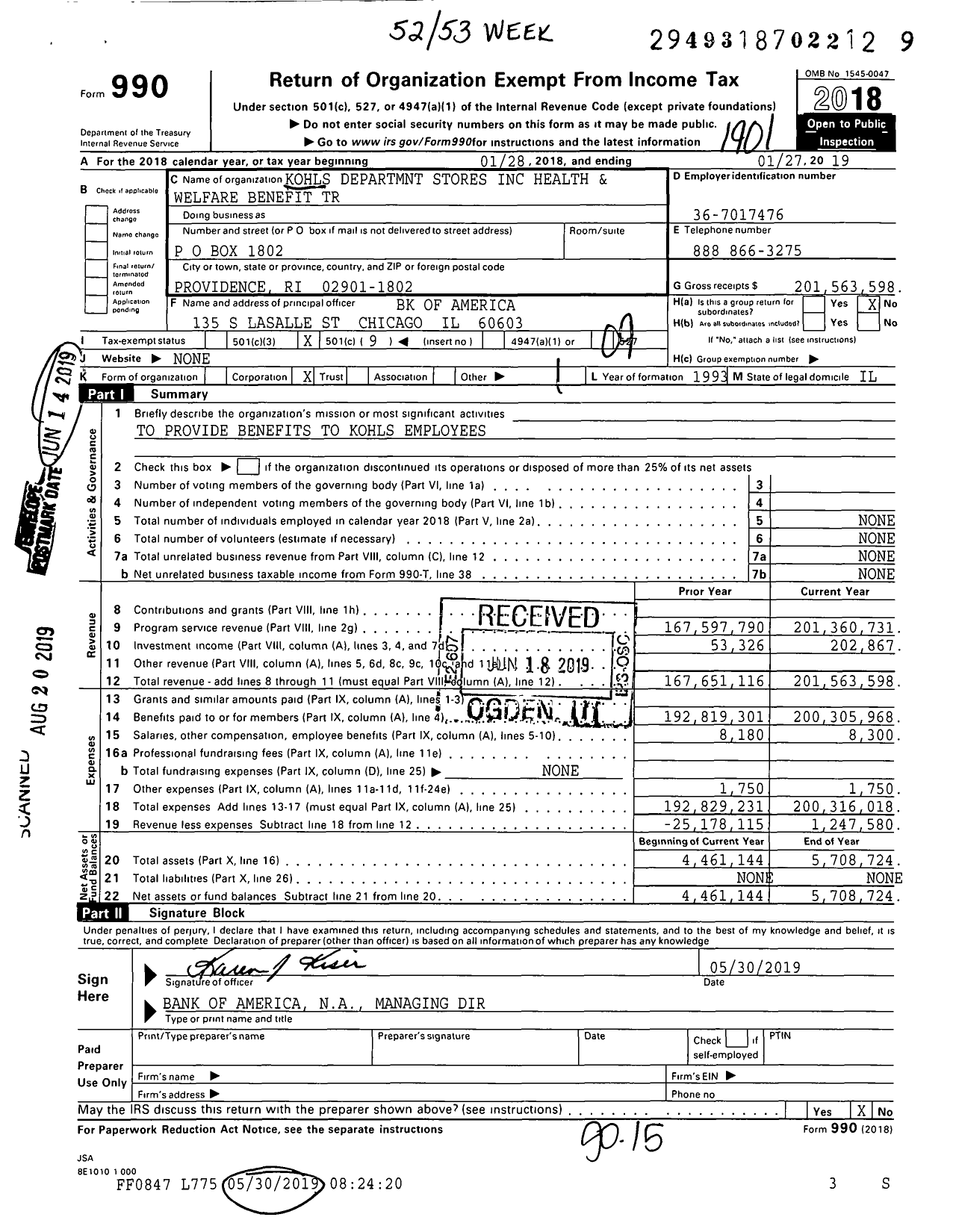 Image of first page of 2018 Form 990O for Kohls Departmnt Stores Health