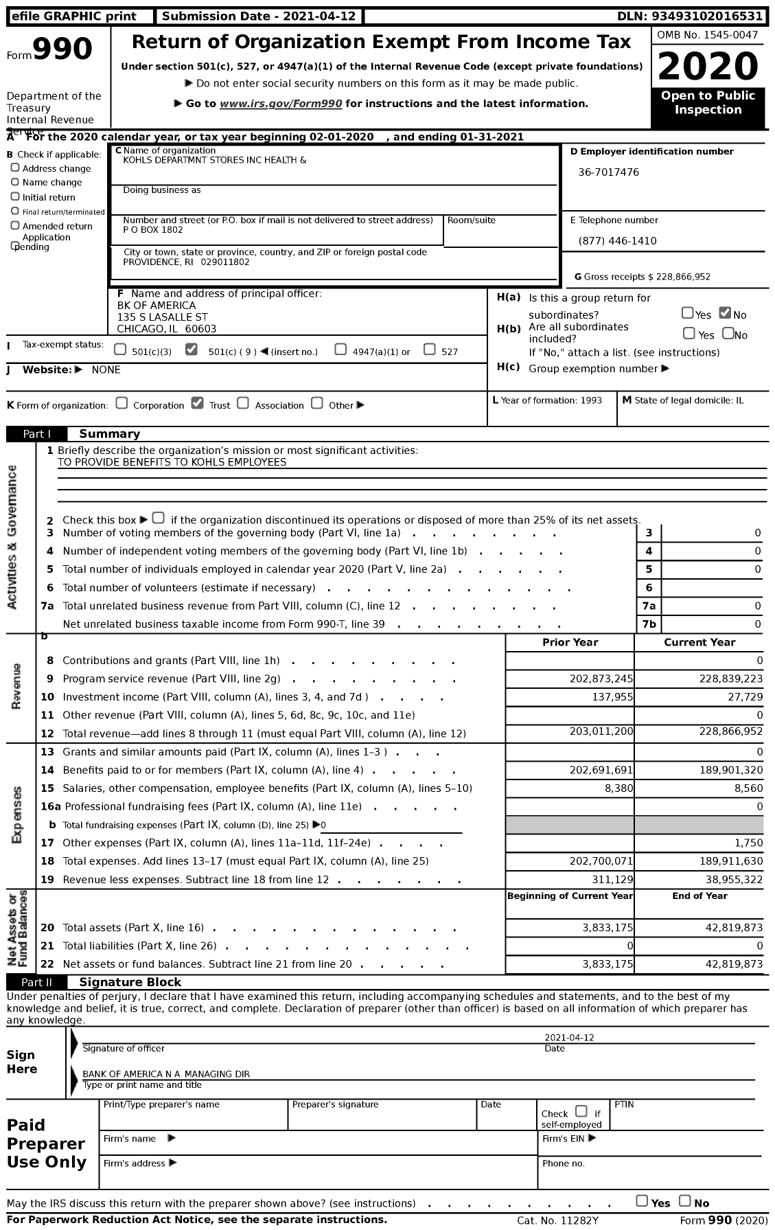 Image of first page of 2020 Form 990 for Kohls Departmnt Stores Health