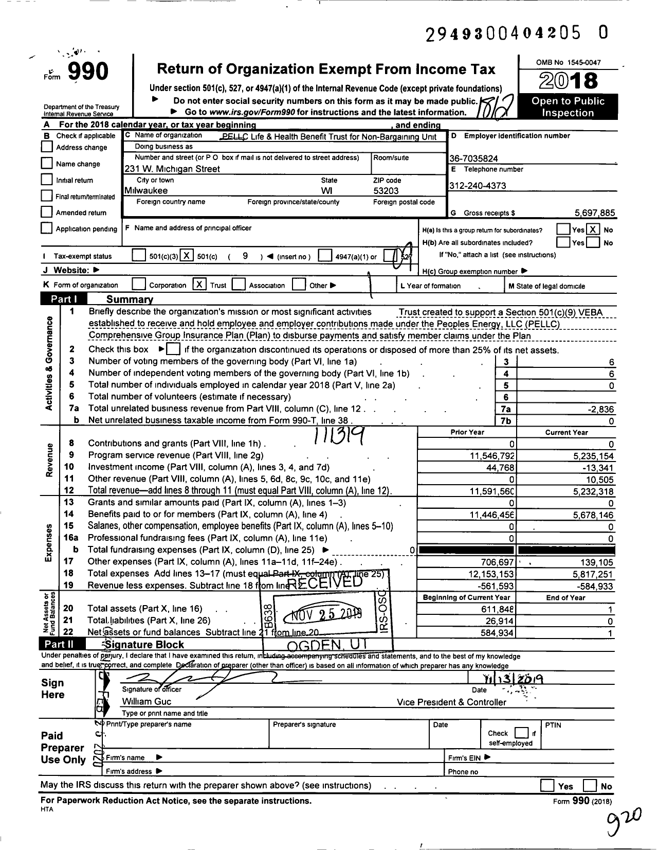 Image of first page of 2018 Form 990O for Pellc Life and Health Benefit Trust for Non-Bargaining Unit