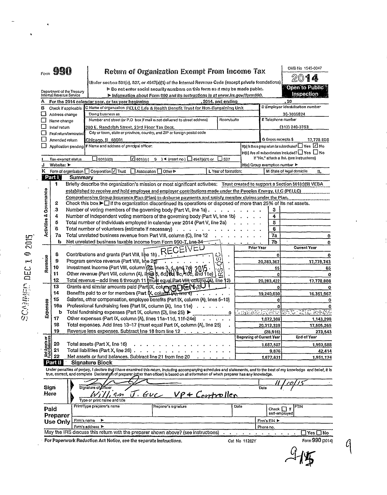 Image of first page of 2014 Form 990O for Pellc Life and Health Benefit Trust for Non-Bargaining Unit