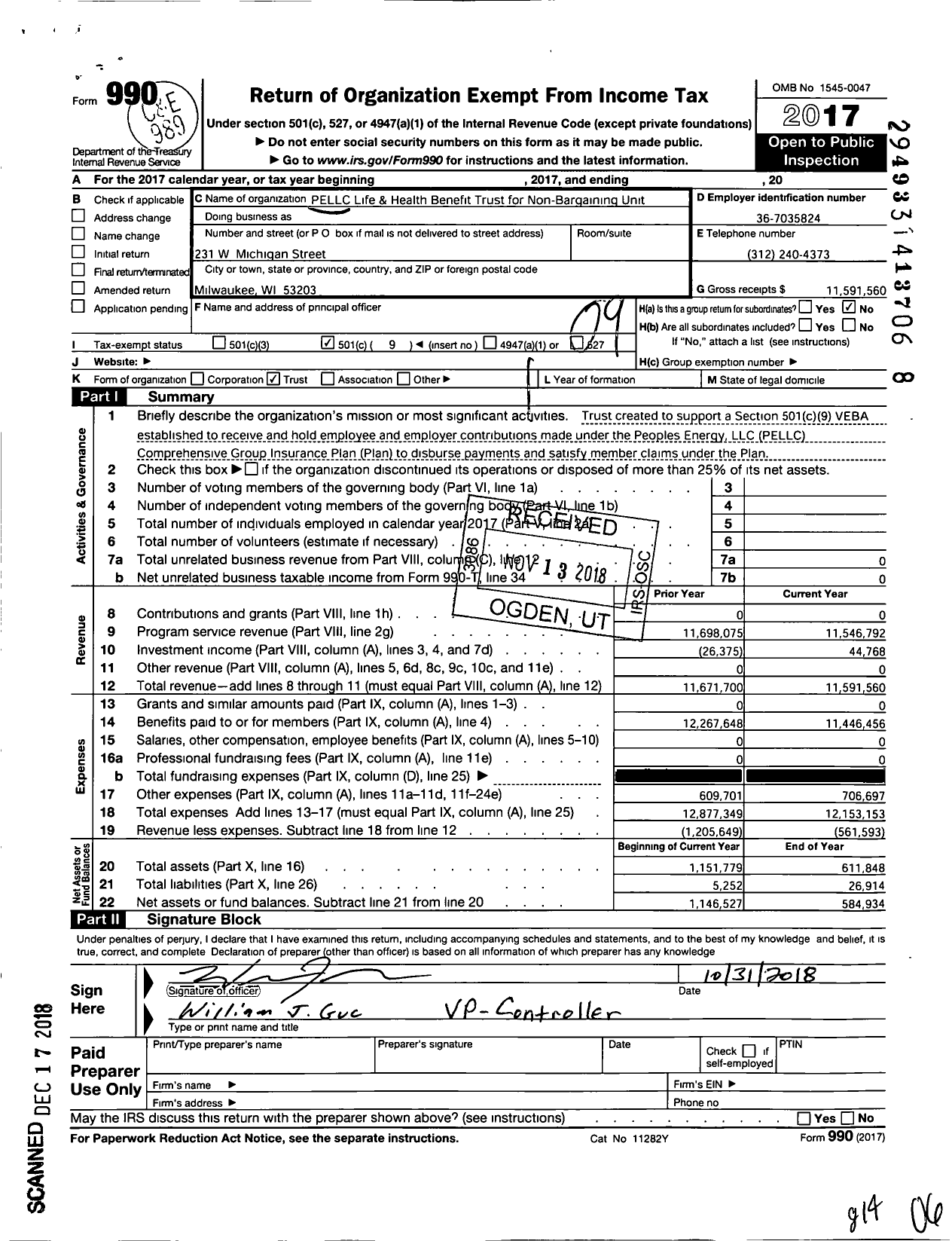 Image of first page of 2017 Form 990O for Pellc Life and Health Benefit Trust for Non-Bargaining Unit
