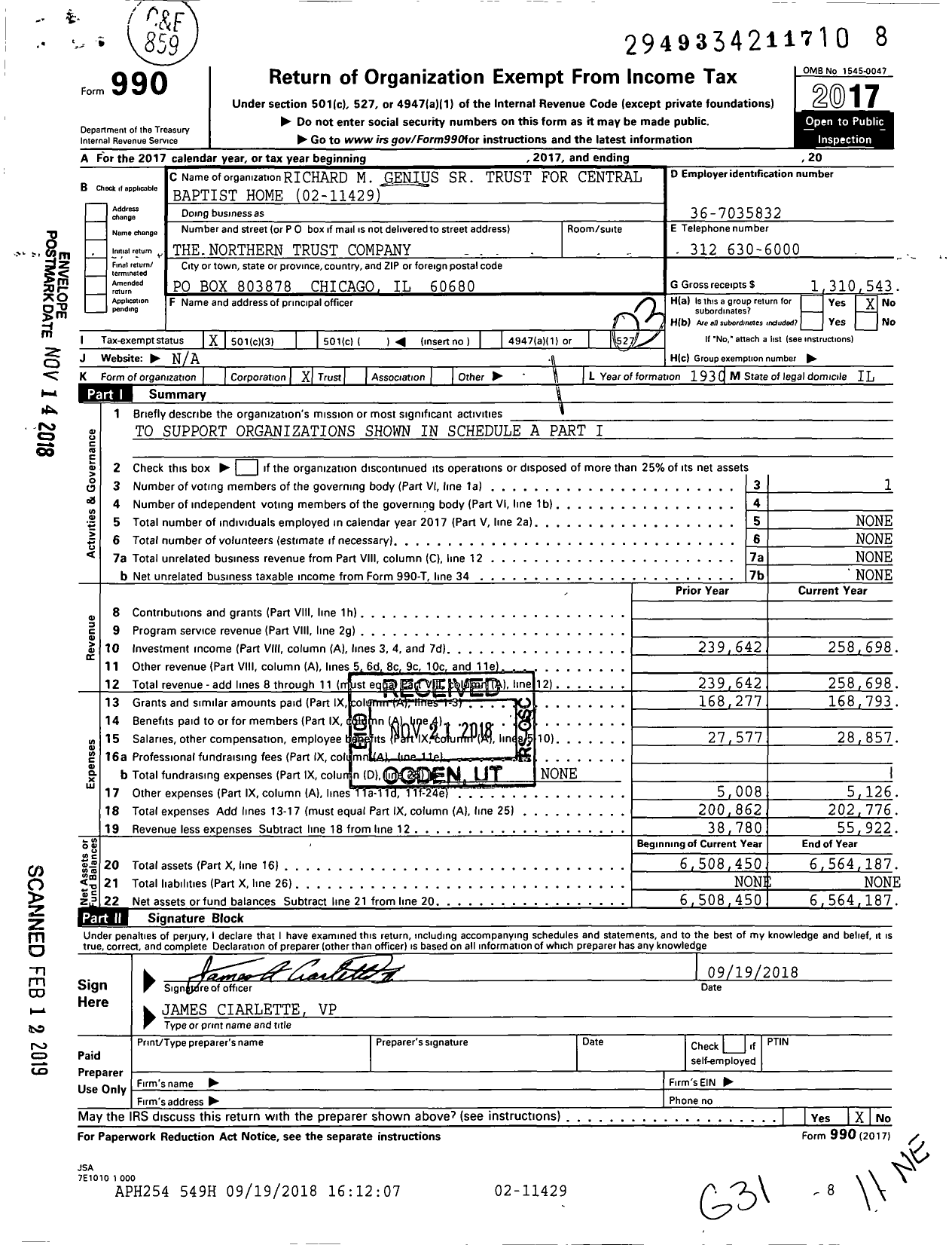 Image of first page of 2017 Form 990 for Richard M Genius SR Trust for Central