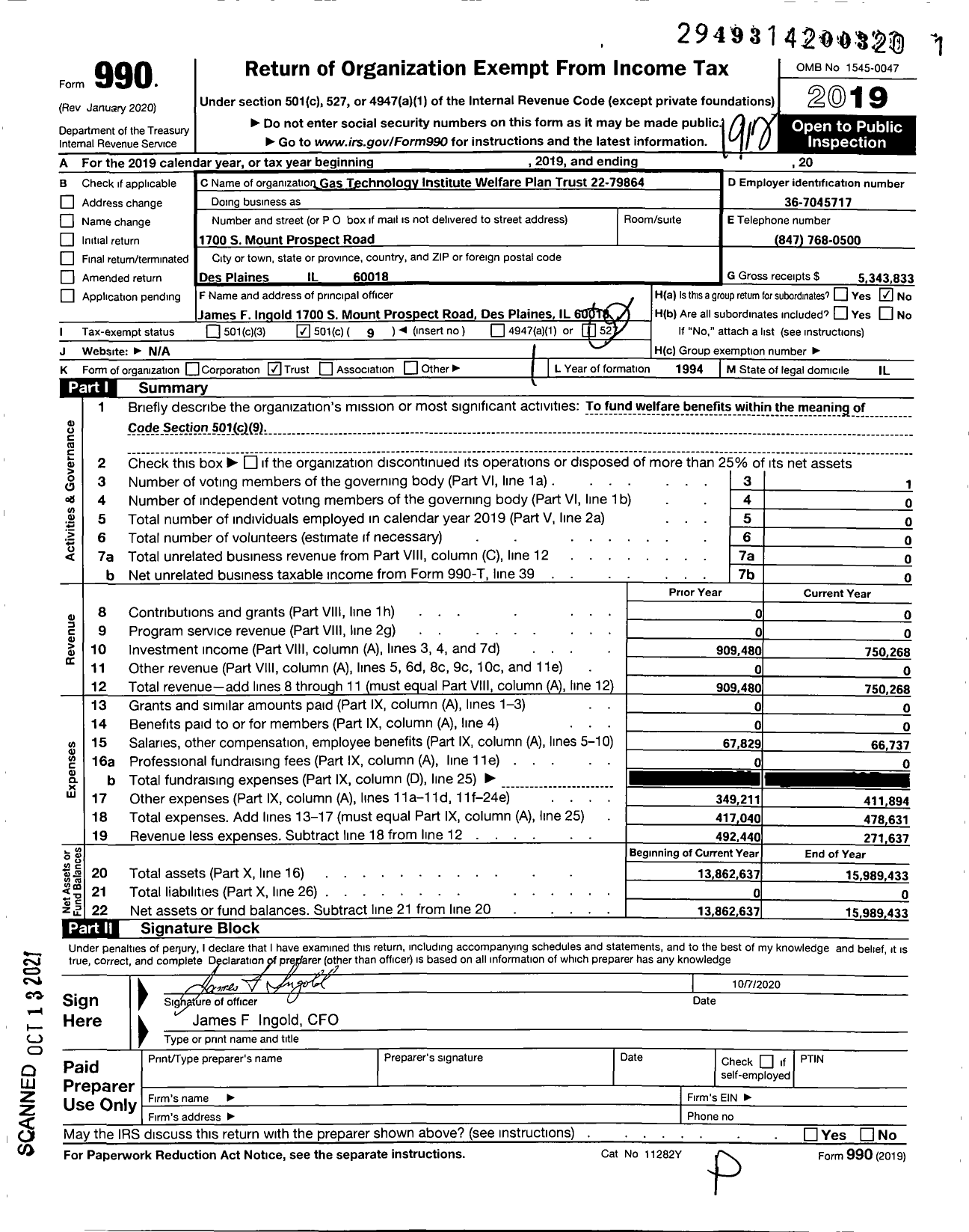 Image of first page of 2019 Form 990O for Gas Technology Institute Welfare Plan Trust 22-79864