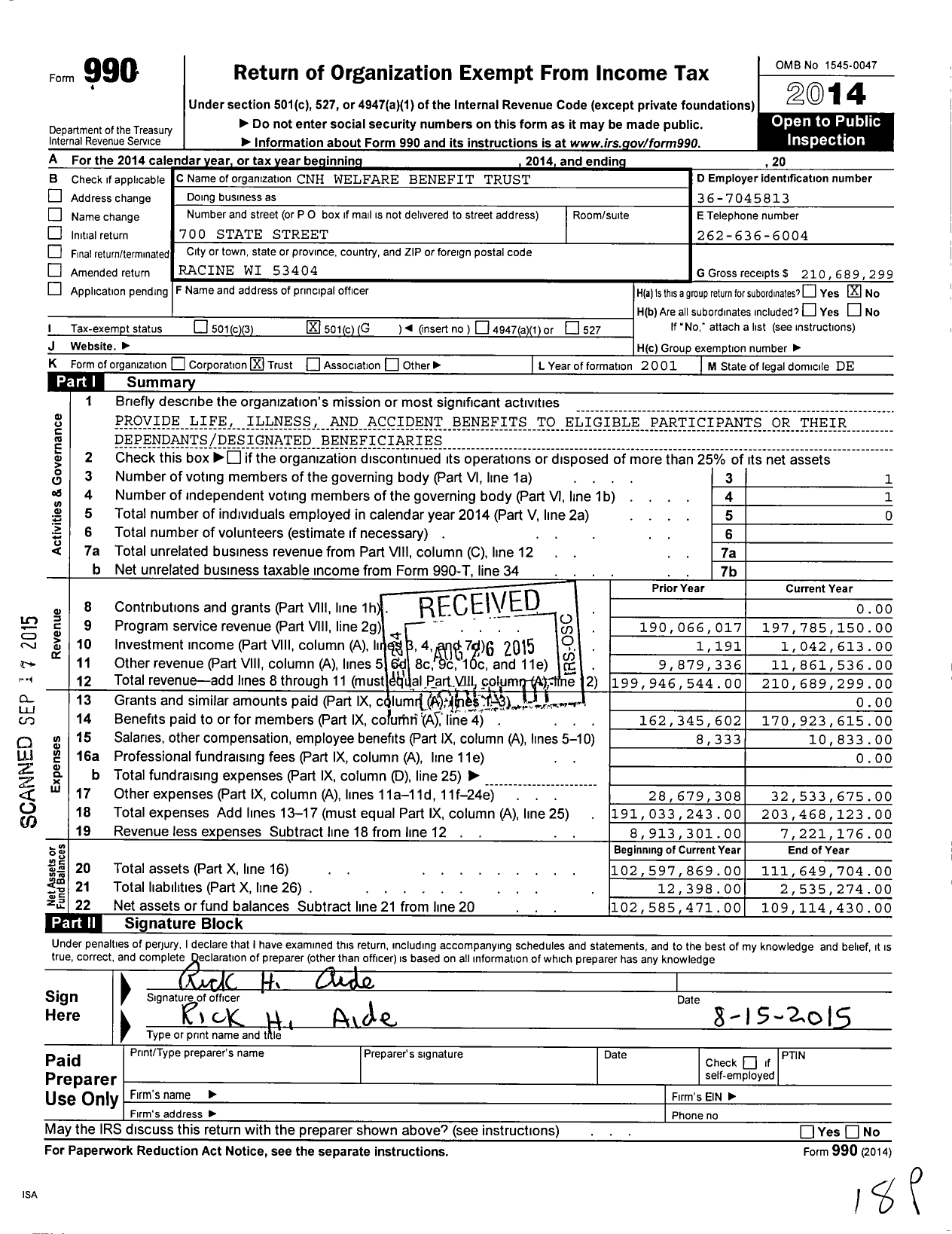 Image of first page of 2014 Form 990O for CNH Welfare Benefit Trust