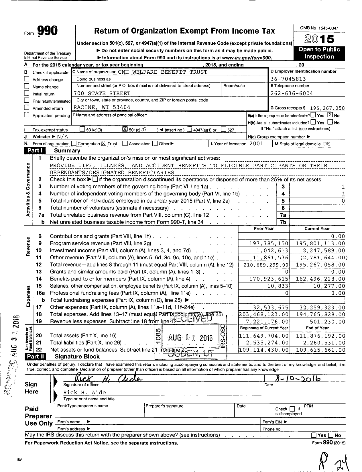 Image of first page of 2015 Form 990O for CNH Welfare Benefit Trust