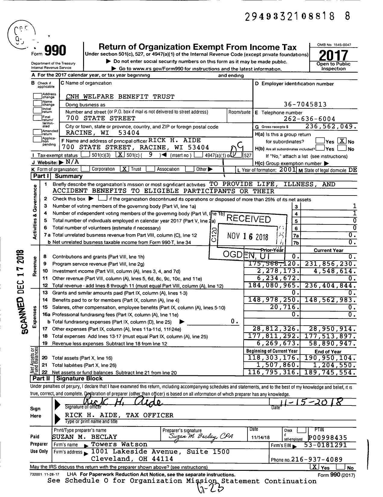 Image of first page of 2017 Form 990O for CNH Welfare Benefit Trust