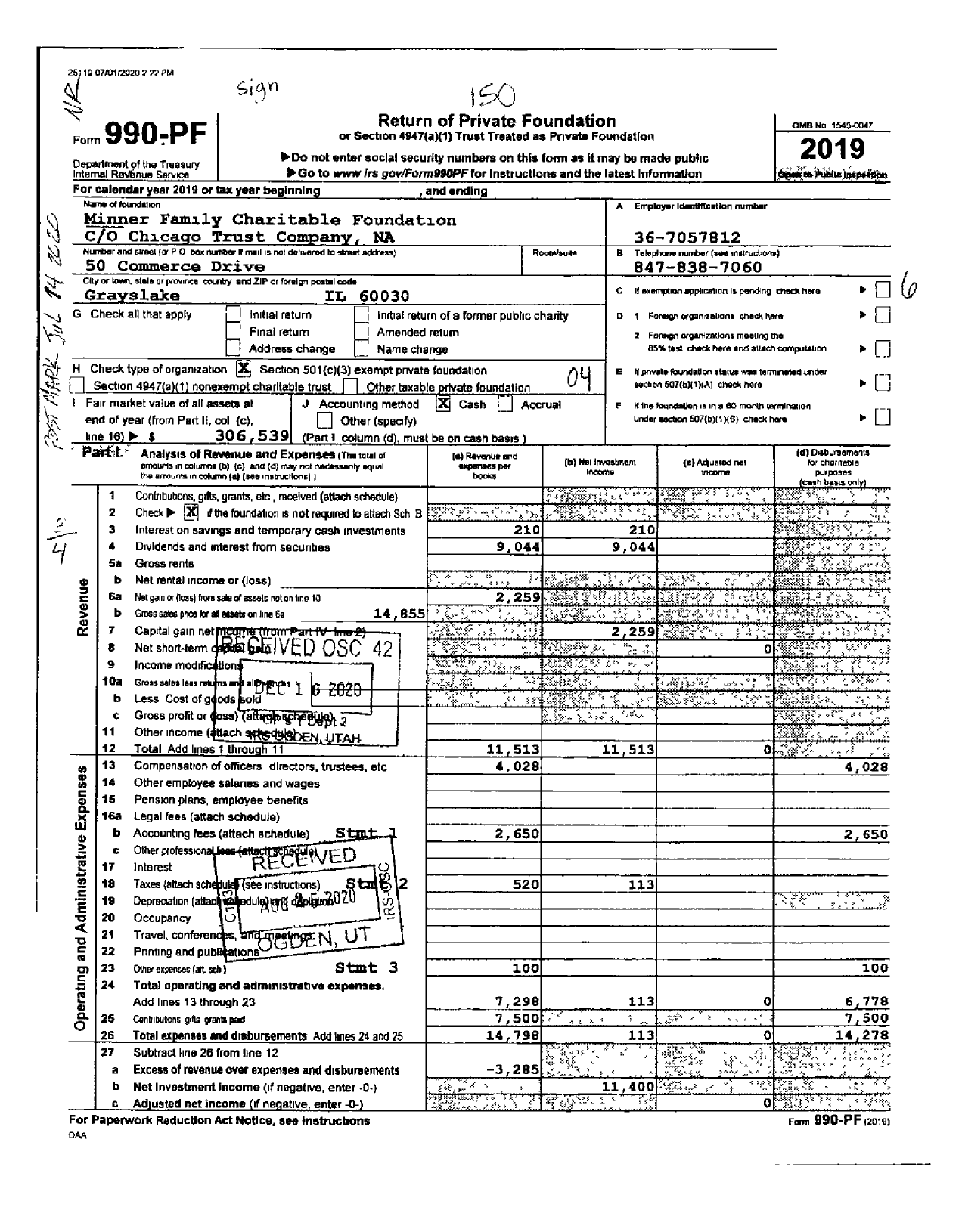 Image of first page of 2019 Form 990PR for Minner Family Charitable Foundation