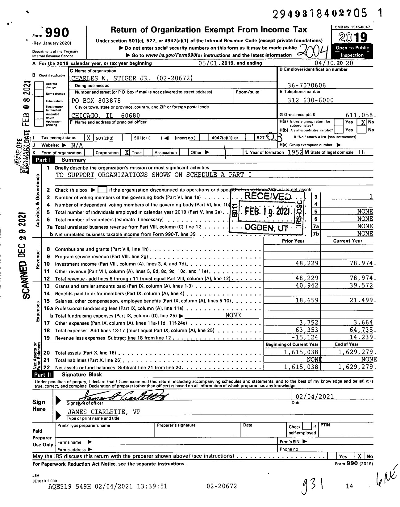 Image of first page of 2019 Form 990 for Charles W Stiger JR