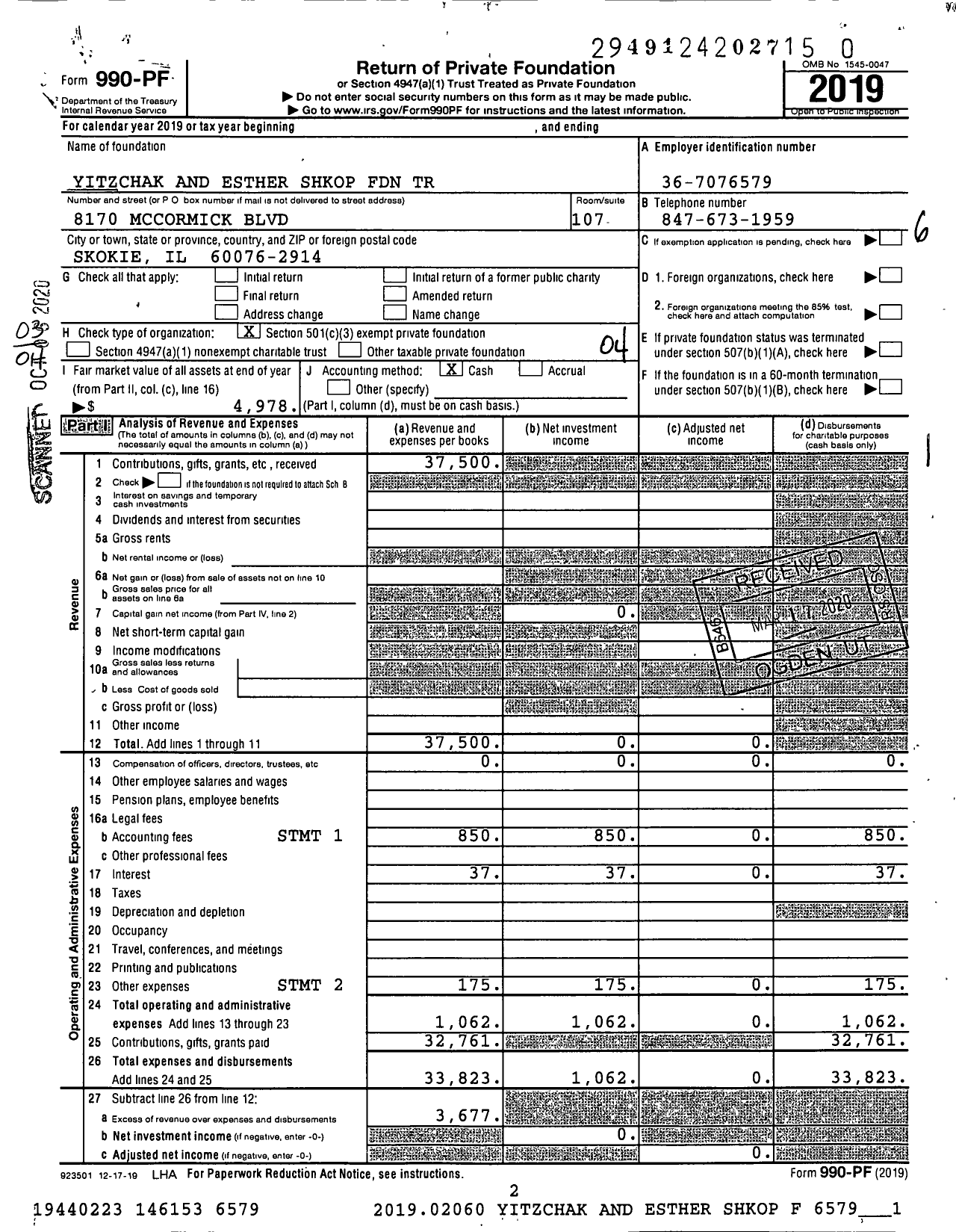 Image of first page of 2019 Form 990PR for Yitzchak and Esther Shkop Foundation Trust