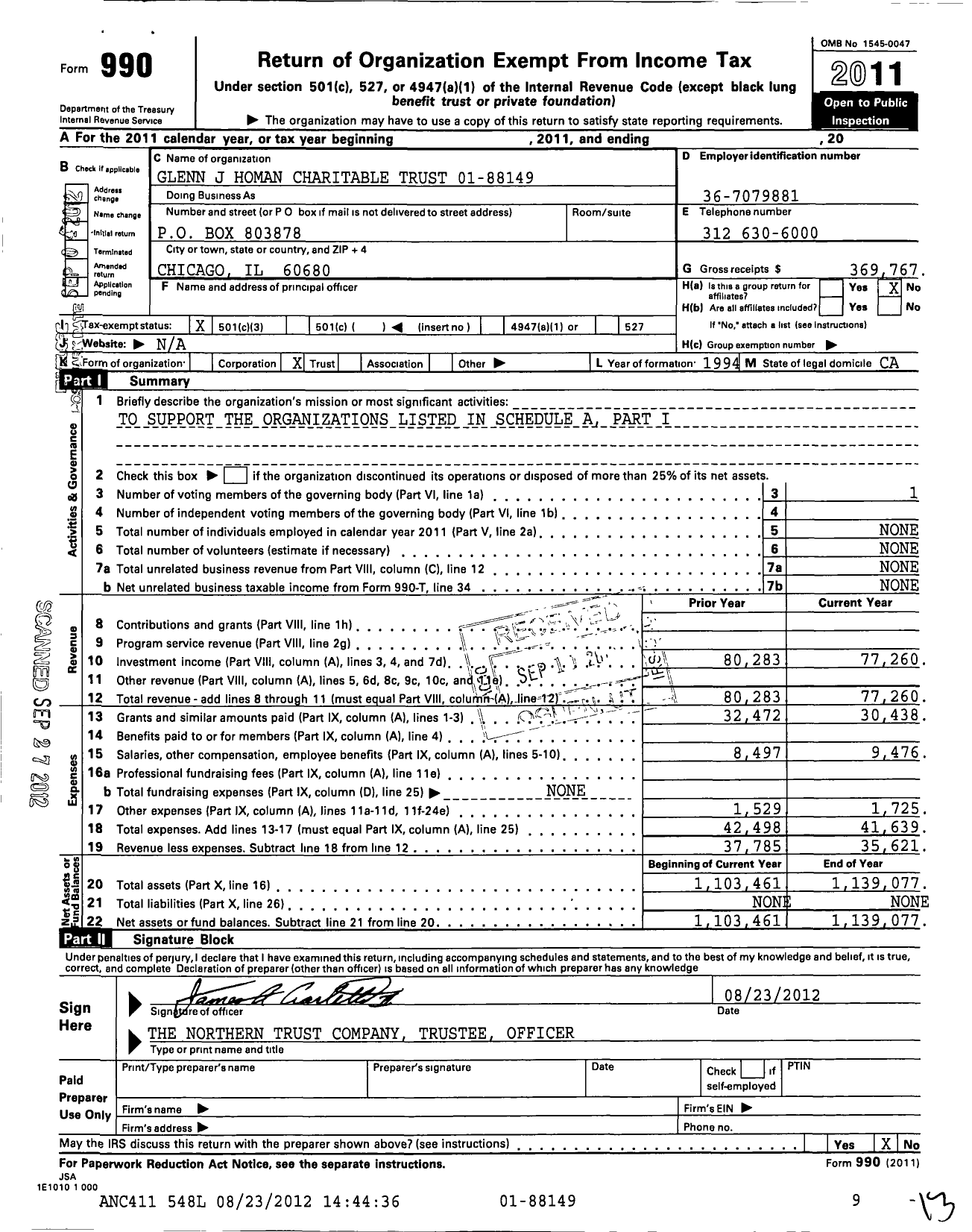 Image of first page of 2011 Form 990 for Glenn J Homan Charitable Trust