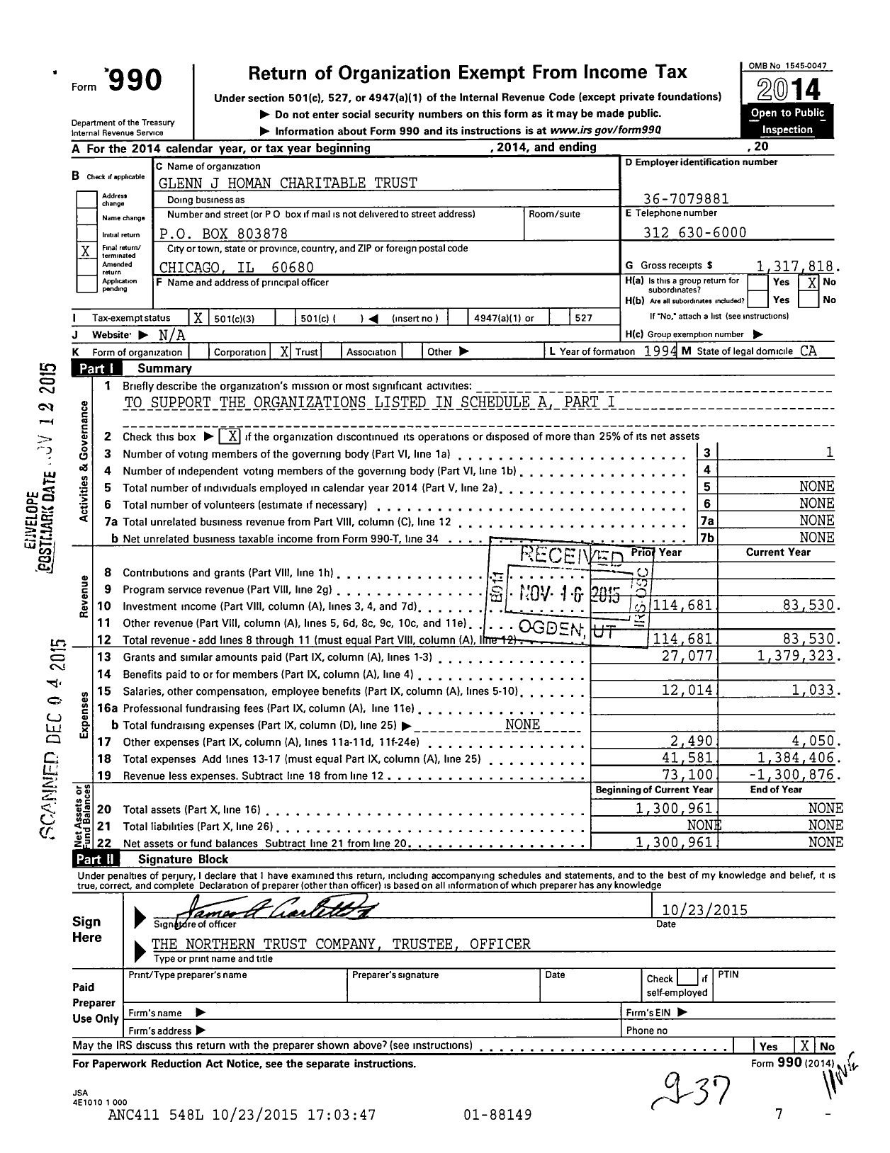 Image of first page of 2014 Form 990 for Glenn J Homan Charitable Trust