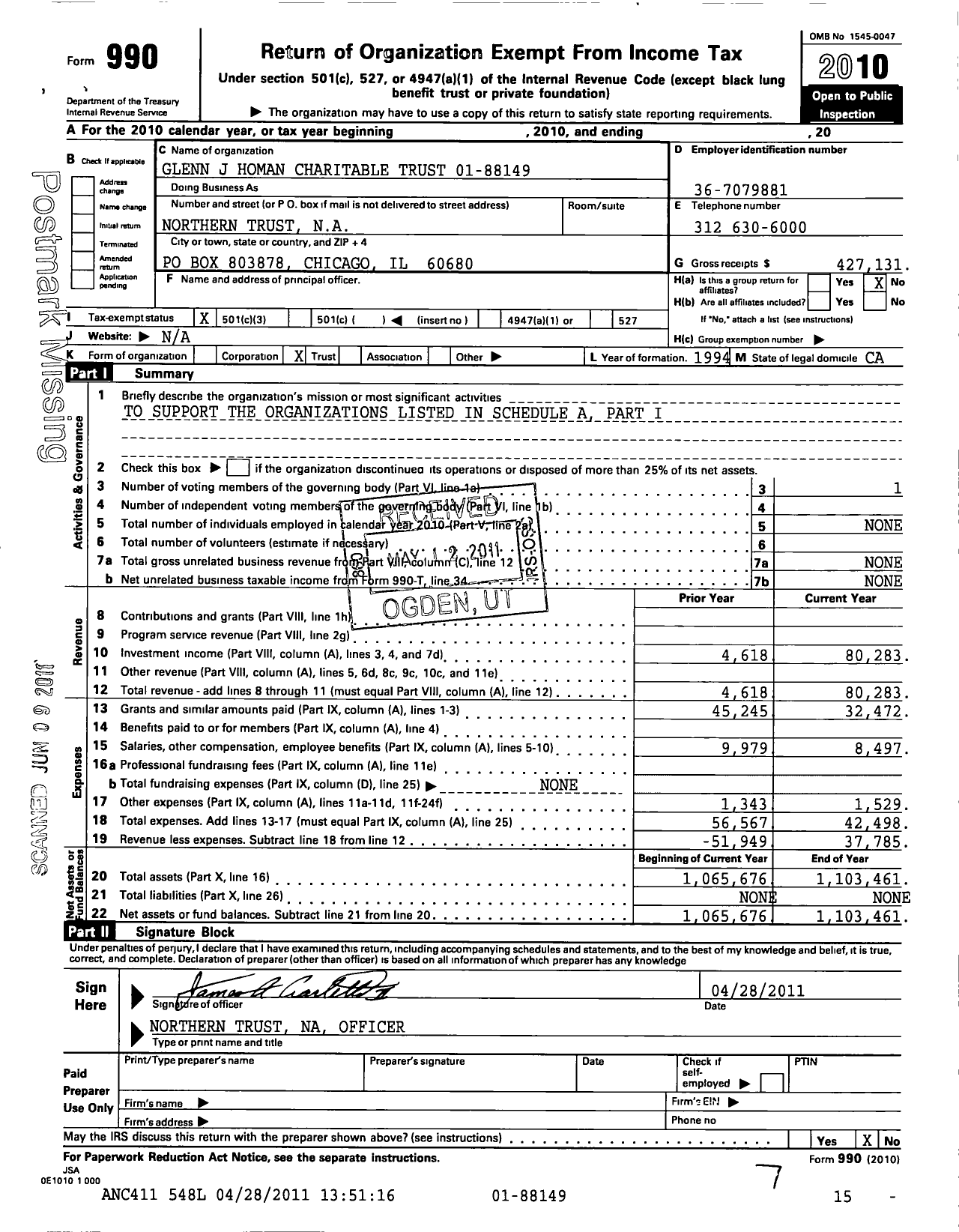 Image of first page of 2010 Form 990 for Glenn J Homan Charitable Trust