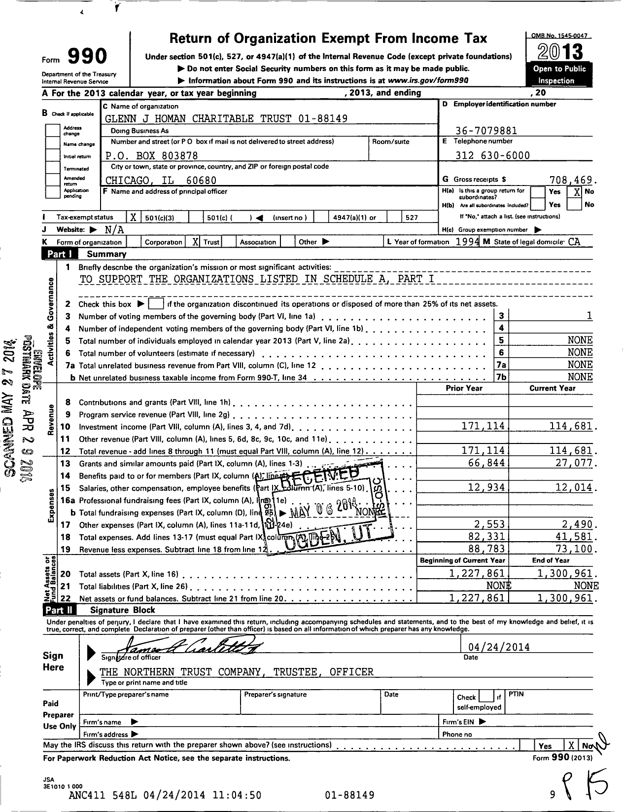 Image of first page of 2013 Form 990 for Glenn J Homan Charitable Trust