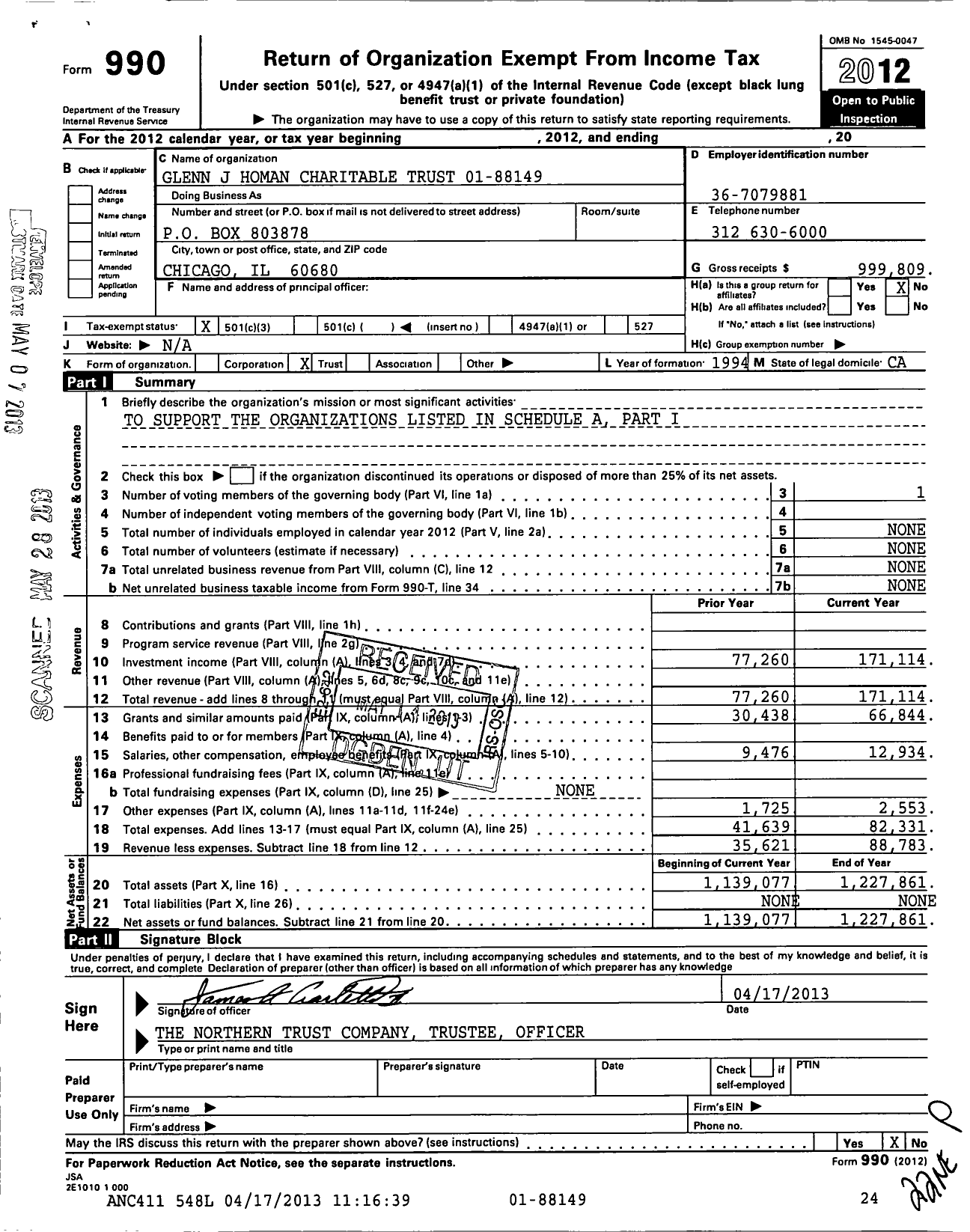 Image of first page of 2012 Form 990 for Glenn J Homan Charitable Trust