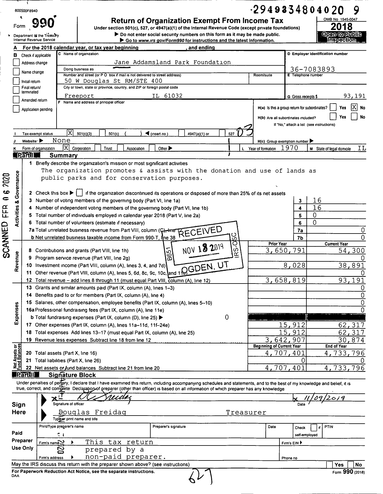 Image of first page of 2018 Form 990 for Jane Addamsland Park Foundation