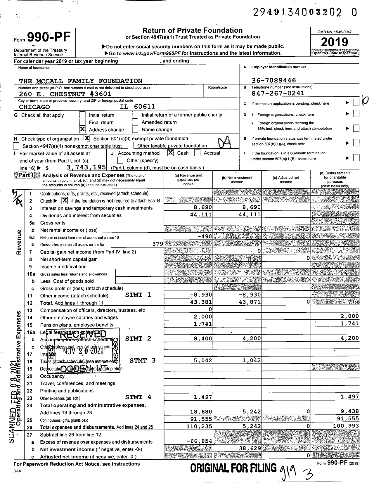Image of first page of 2019 Form 990PF for The Mccall Family Foundation
