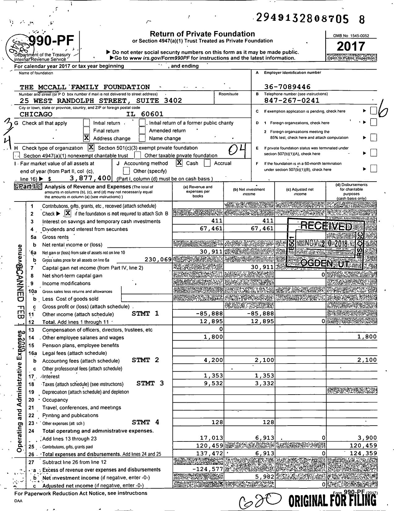 Image of first page of 2017 Form 990PF for The Mccall Family Foundation