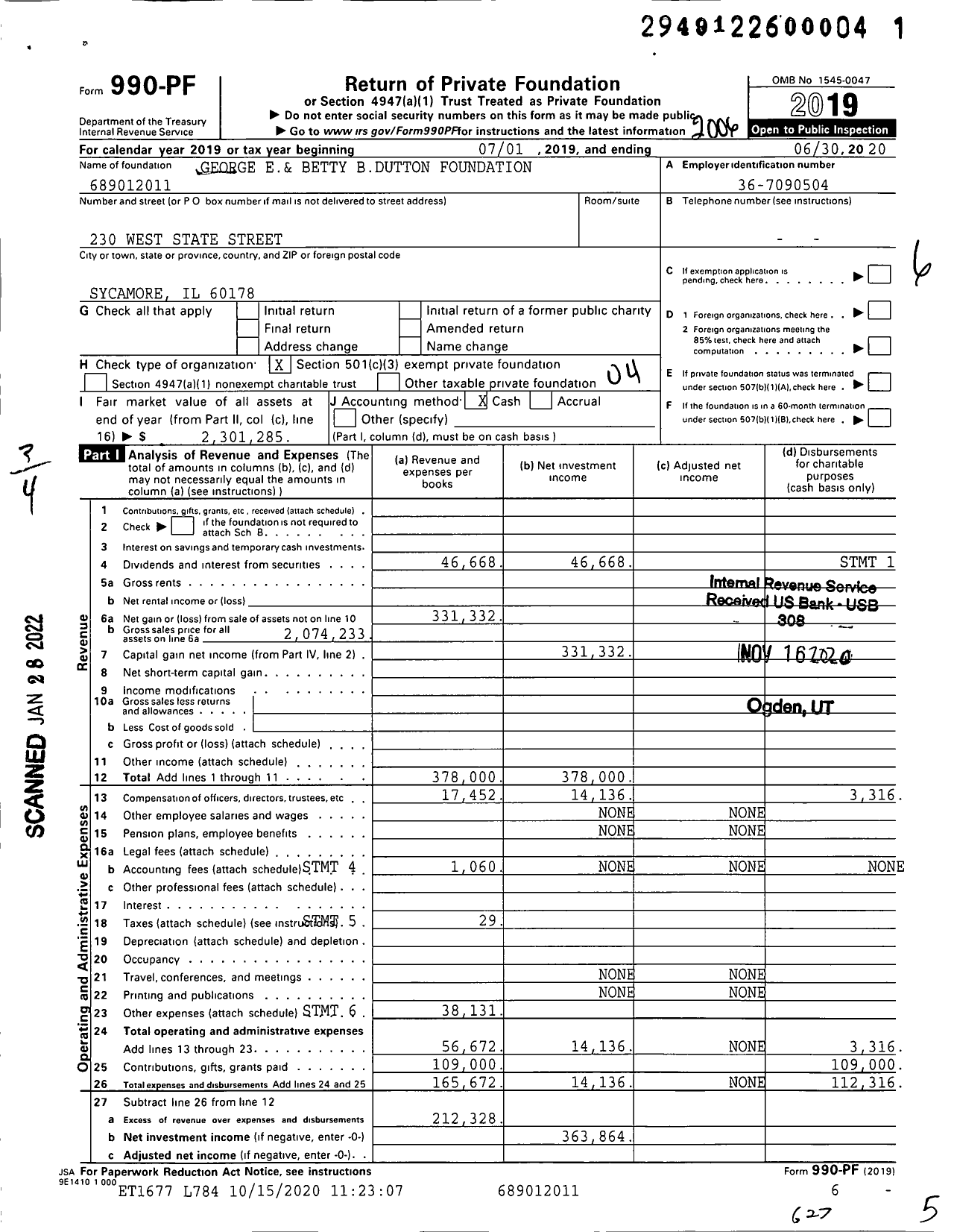 Image of first page of 2019 Form 990PF for George E& Betty Bdutton Foundation