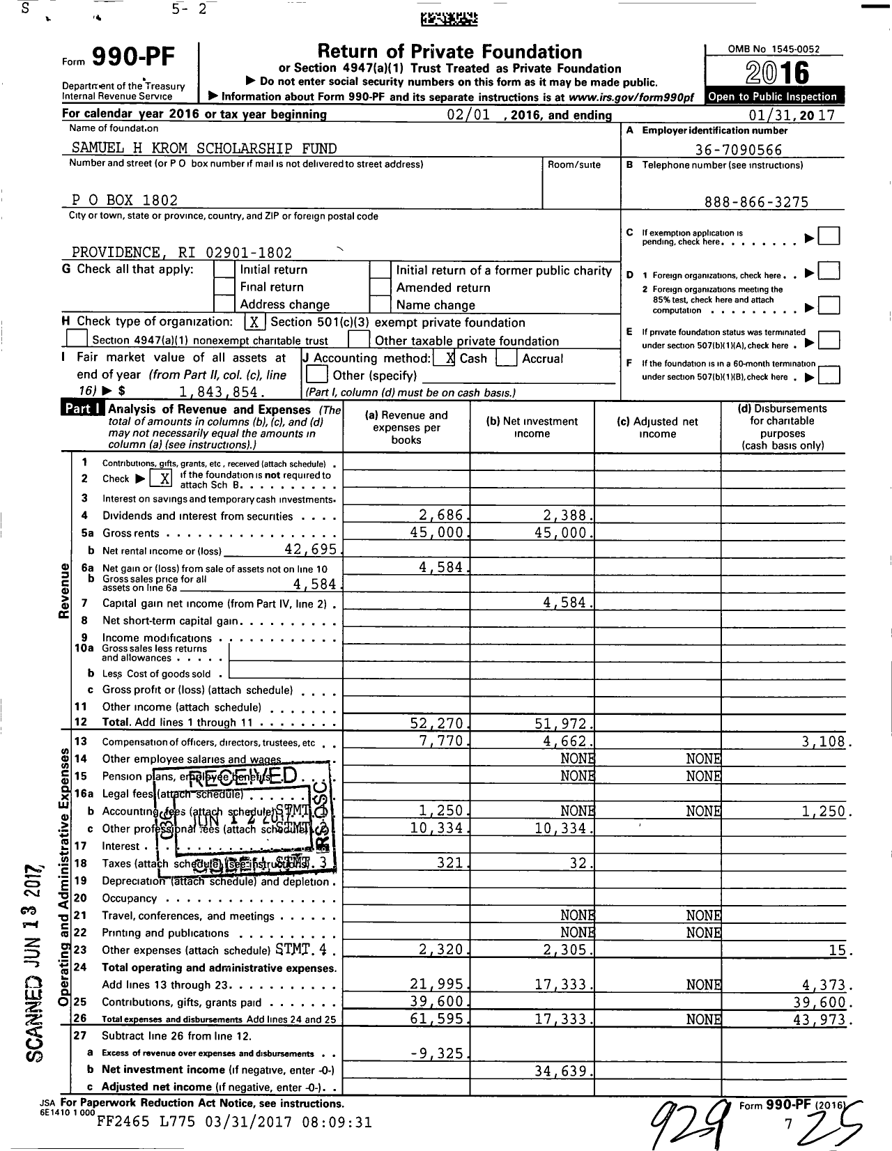 Image of first page of 2016 Form 990PF for Samuel H Krom Scholarship Fund