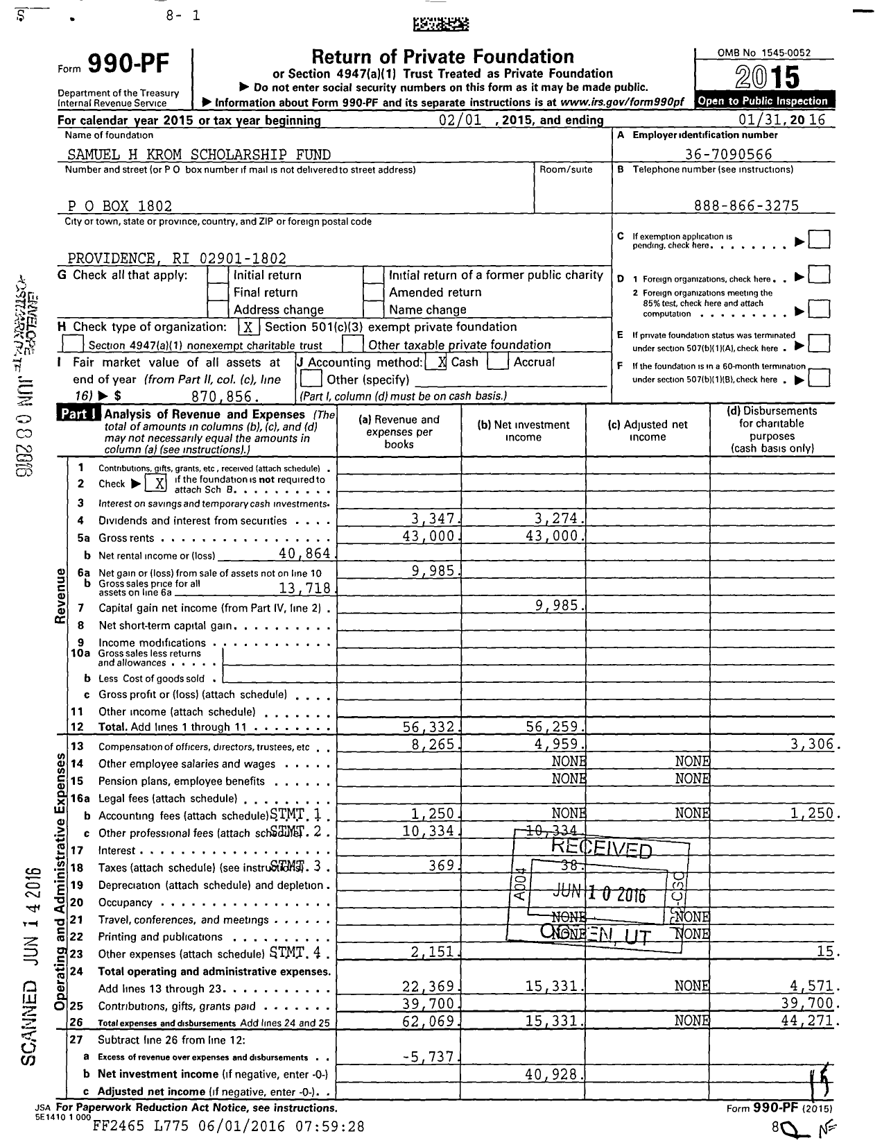 Image of first page of 2015 Form 990PF for Samuel H Krom Scholarship Fund