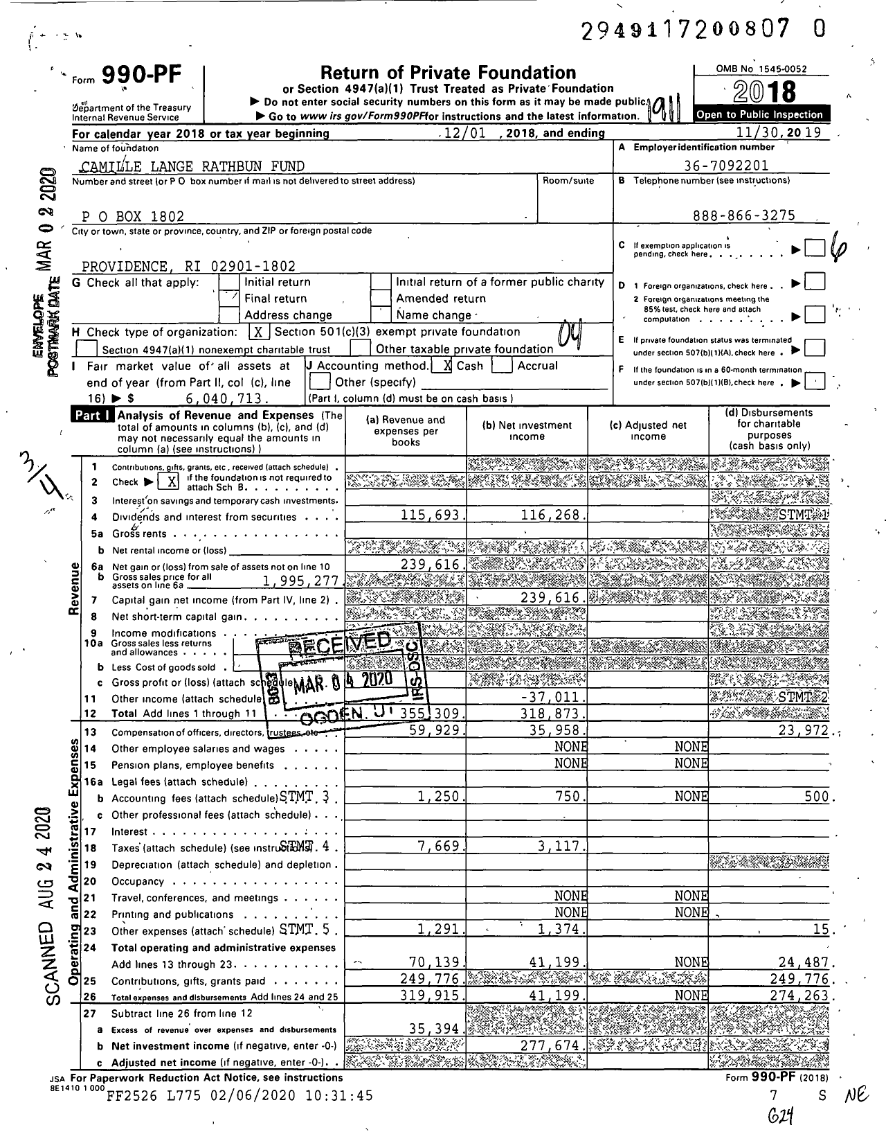 Image of first page of 2018 Form 990PR for Camille Lange Rathbun Fund