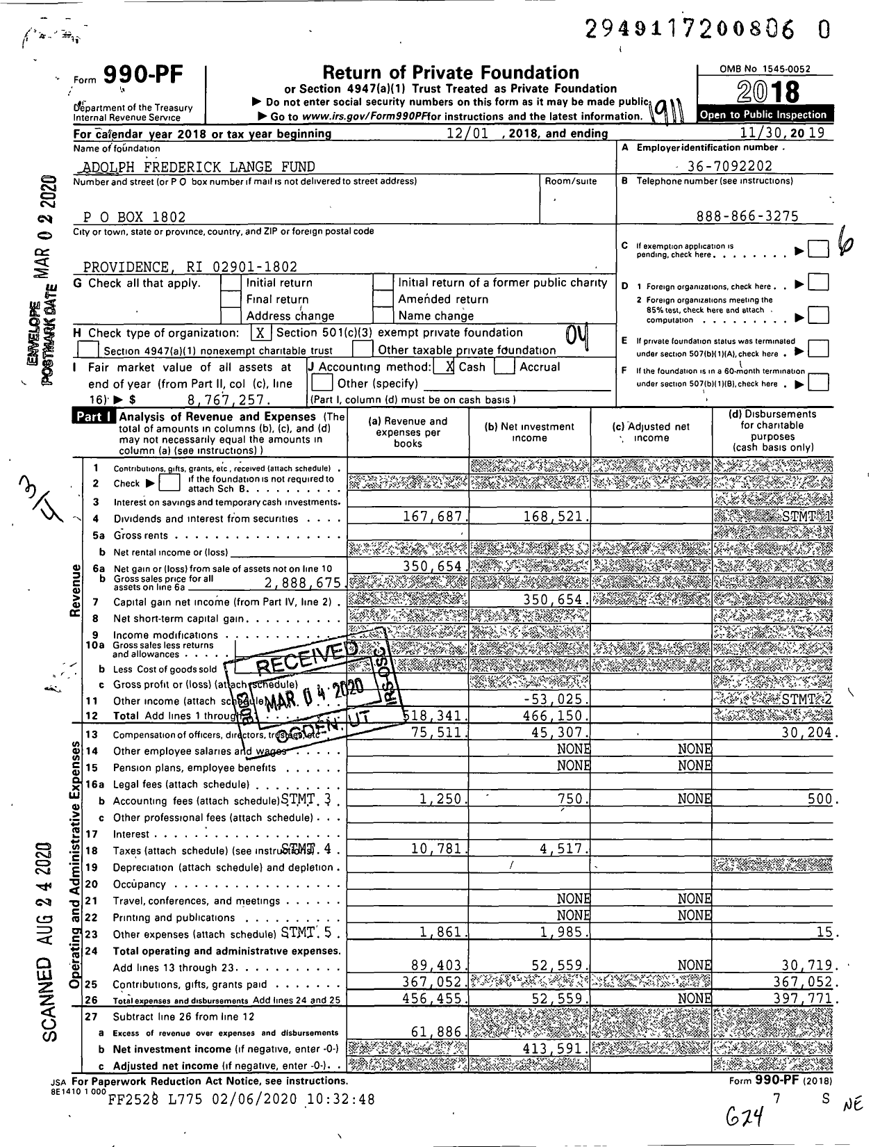 Image of first page of 2018 Form 990PR for Adolph Frederick Lange Fund