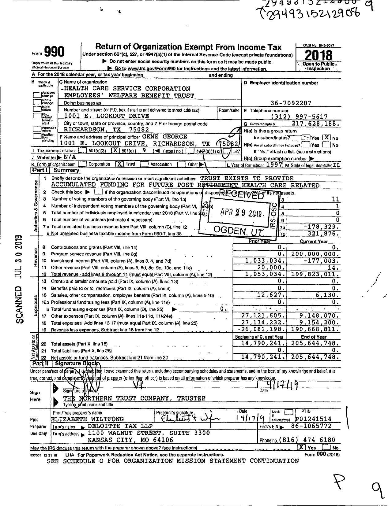Image of first page of 2018 Form 990O for Health Care Service Corporation Employees' Welfare Benefit Trust