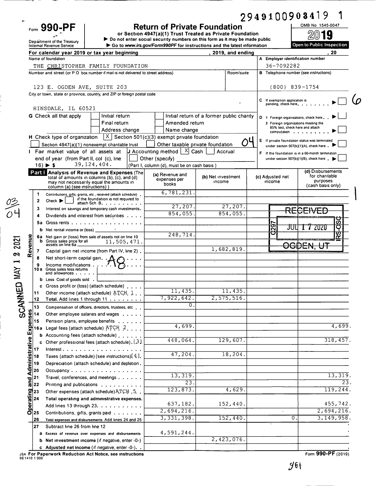 Image of first page of 2019 Form 990PF for The Christopher Family Foundation