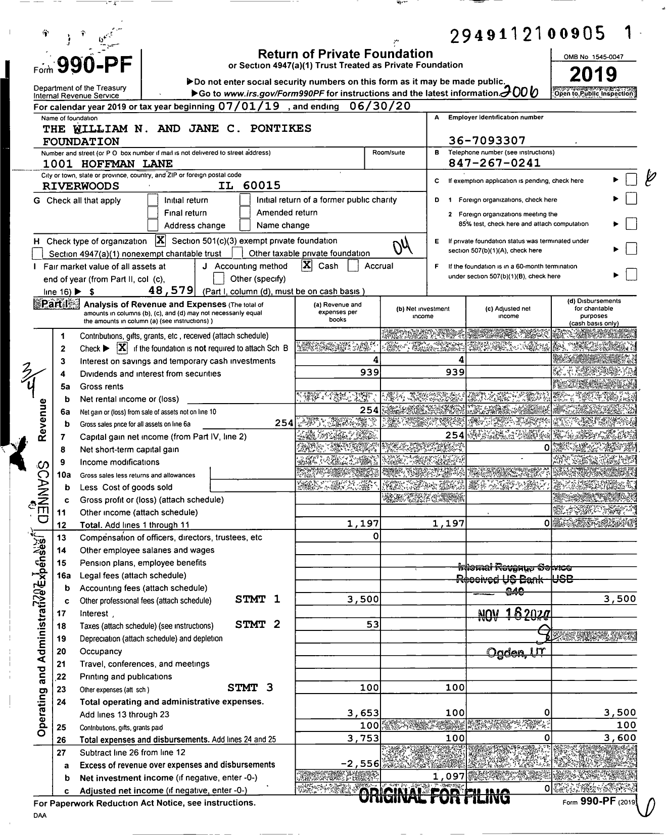 Image of first page of 2019 Form 990PF for The William N and Jane C Pontikes Foundation