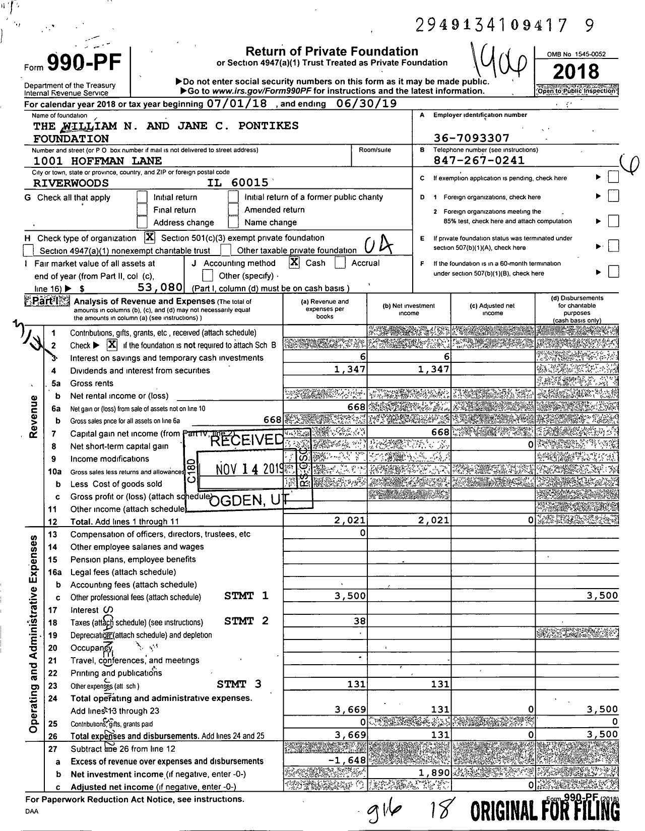 Image of first page of 2018 Form 990PF for The William N and Jane C Pontikes Foundation